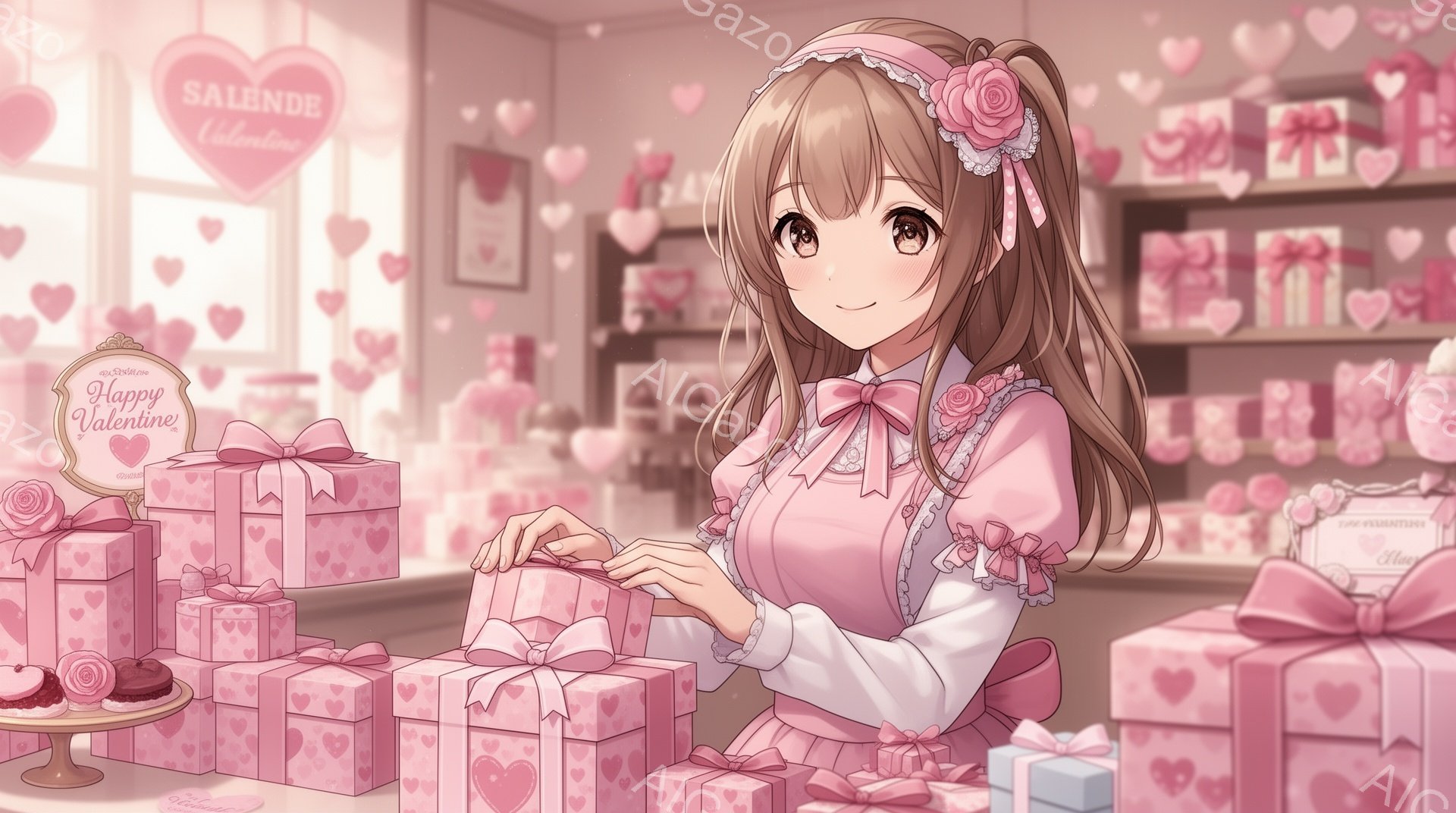 明るい茶色の髪をハーフアップにした若い女性が、ピンク色のギフトボックスを積み重ねています。彼女はフリル付きの白いブラウスとピンク色のスカートを着ており、明るい笑顔を浮かべています。背景には、ハート型の - AI生成フリー素材