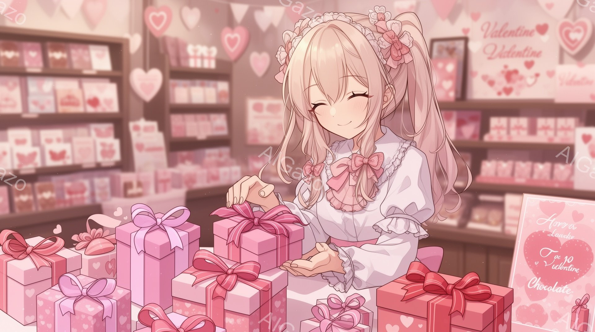 明るいピンク色の背景に、リボンと花飾りで飾られた大量のチョコレートギフトボックスが並んでいます。金髪碧眼の少女は、フリル付きの白いワンピースを着ており、頭にはリボンと花で飾られた三つ編みヘアスタイルをしています。彼女は笑顔で、ギフトボックスの一つにリボンを結びつける作業をしています。