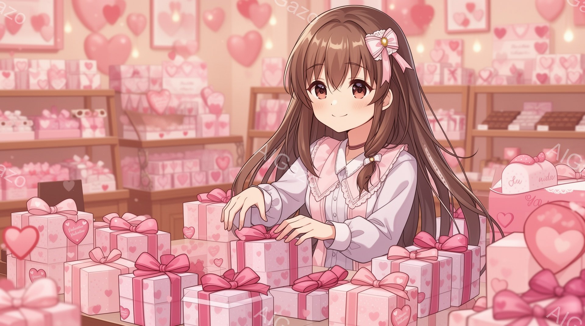 明るい茶髪の少女が、ピンク色の可愛らしいギフトボックスを積み上げています。彼女はフリル付きの白いブラウスとピンクのスカートを身に着け、頭にはリボンが付いたヘアピンで髪を整えています。背景にはピンク色のギフトボックスやチョコレートで埋め尽くされた店内に、暖かく甘い雰囲気が漂っています。