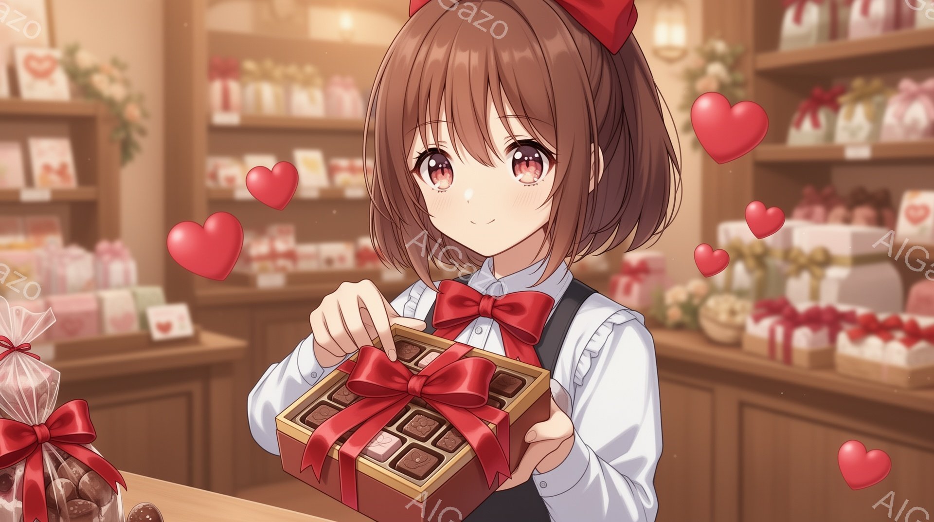 明るい茶髪の少女が、赤いリボンで結ばれたチョコレートの箱を両手で抱えています。白いブラウスにベスト、そして赤いリボンが可愛らしい装いです。背景には、たくさんのチョコレートが並んだショーケースがあり、温 - AI生成フリー素材