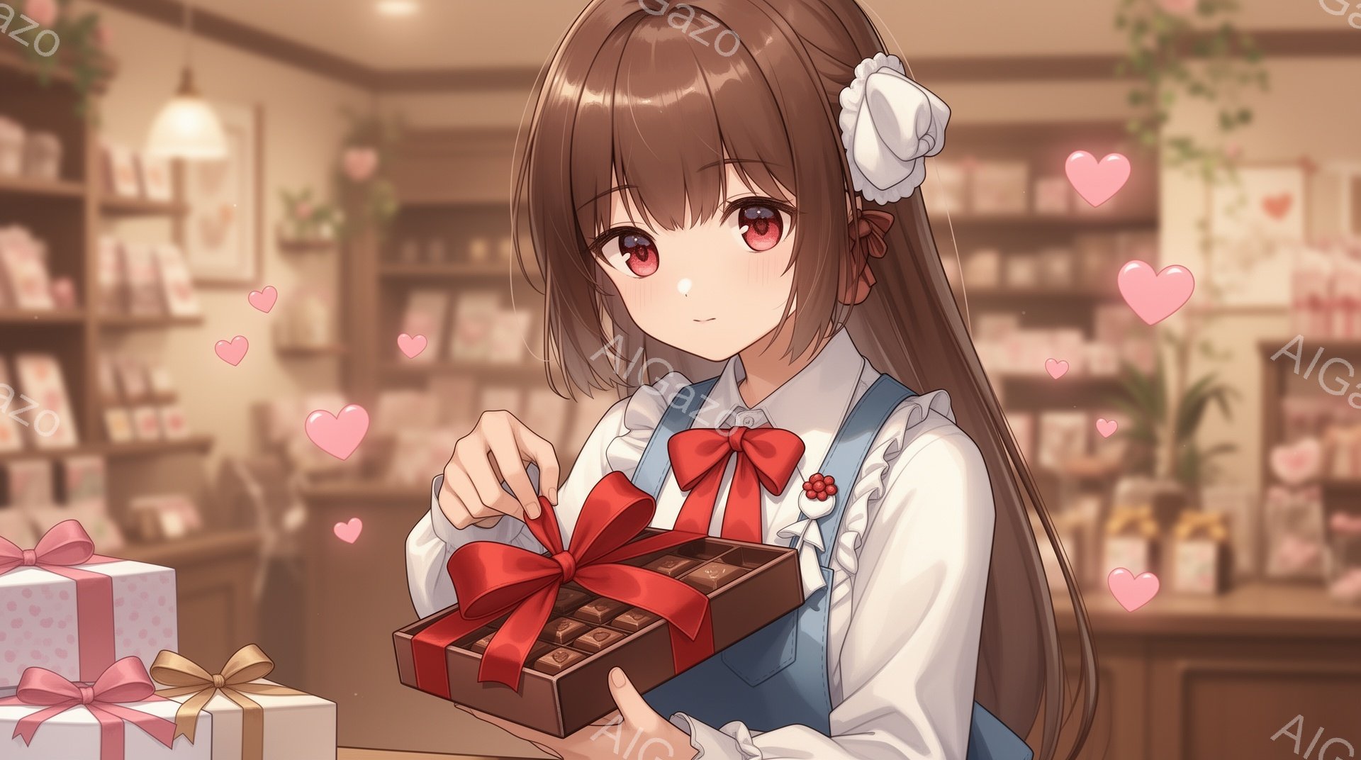 長い茶色の髪に白い花飾りを付けた少女が、赤いリボンで飾られたチョコレートの箱を丁寧にラッピングしている。フリル付きの白いブラウスと青いエプロンを着ており、優しい表情で箱を見つめている。背景には木製の棚と植物が見え、温かく穏やかな雰囲気のギフトショップのような場所であることがわかる。