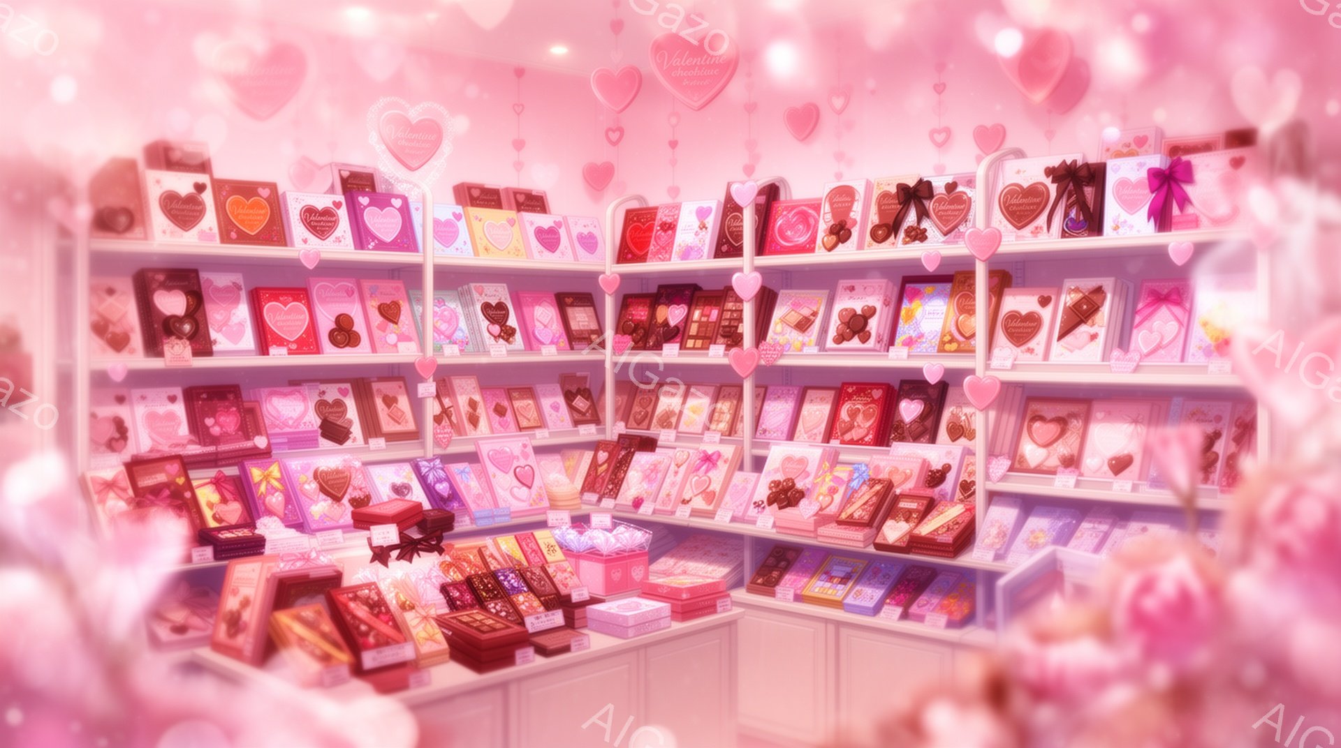 ピンクを基調としたチョコレート専門店が写っています。棚には様々な種類のチョコレートが整然と並べられ、可愛らしい包装が目を引きます。全体的に甘く、ロマンチックな雰囲気が漂い、バレンタインシーズンを彷彿と - AI生成フリー素材