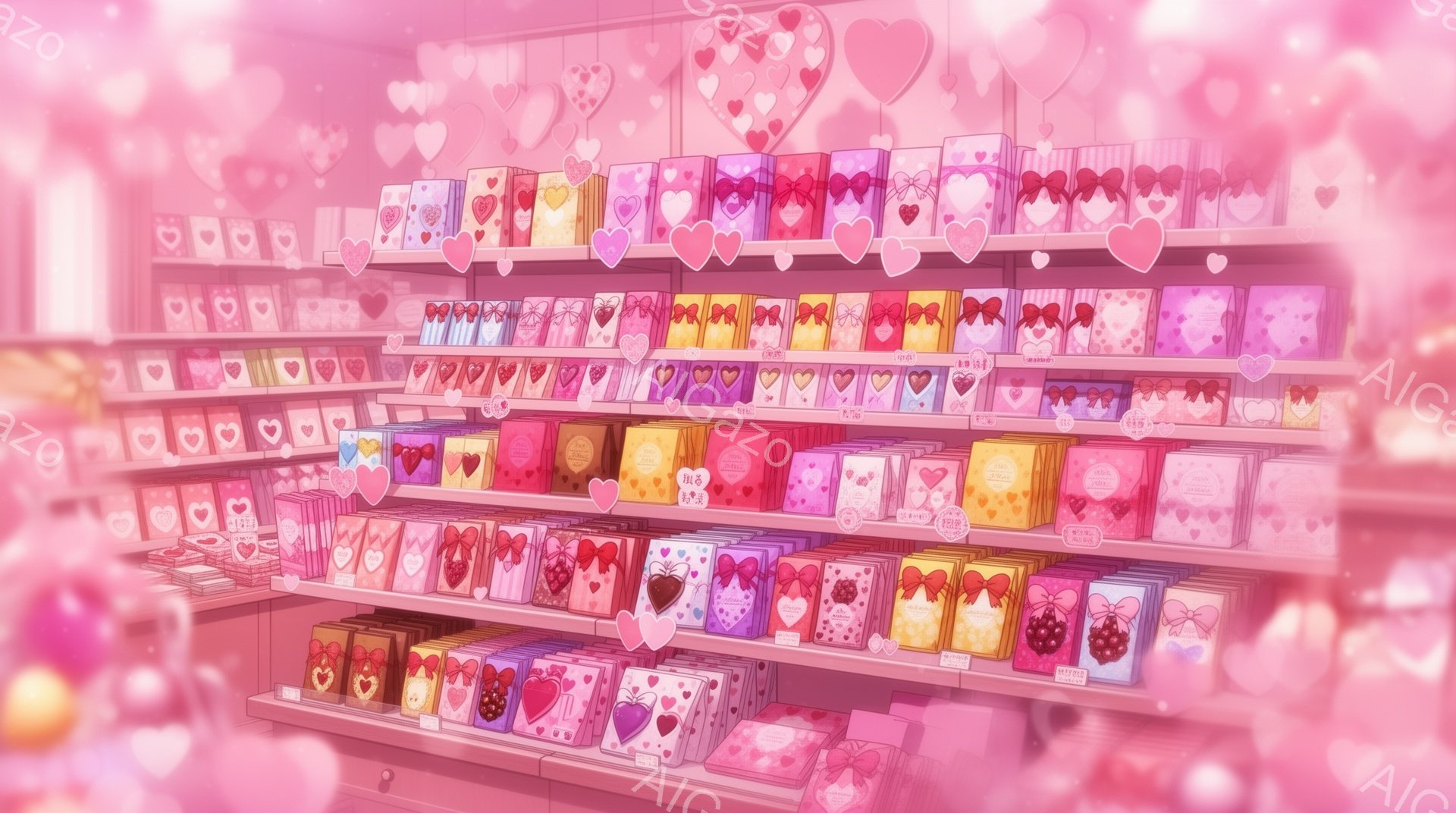 鮮やかなピンク色の背景に、様々なチョコレートのギフトボックスが棚に並べられています。チョコレートはピンク、紫、茶色などの色合いで、リボンやハートの装飾が施されており、バレンタインデーの雰囲気を醸し出し - AI生成フリー素材