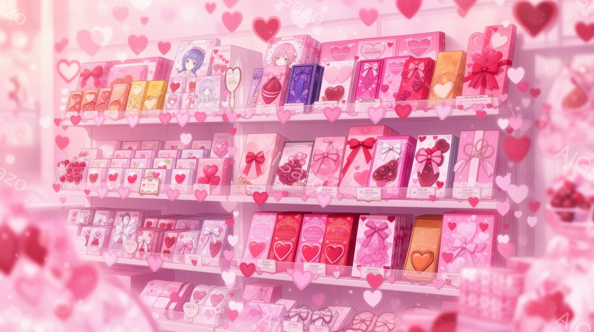 画像はバレンタインデーのチョコレートの詰め合わせが棚に並んだ様子を示しています。包装紙はピンクやゴールドを基調とし、可愛らしいイラストやリボンで飾られています。背景はぼやけており、パステルカラーのハートが散りばめられ、ロマンチックで甘い雰囲気を醸し出しています。