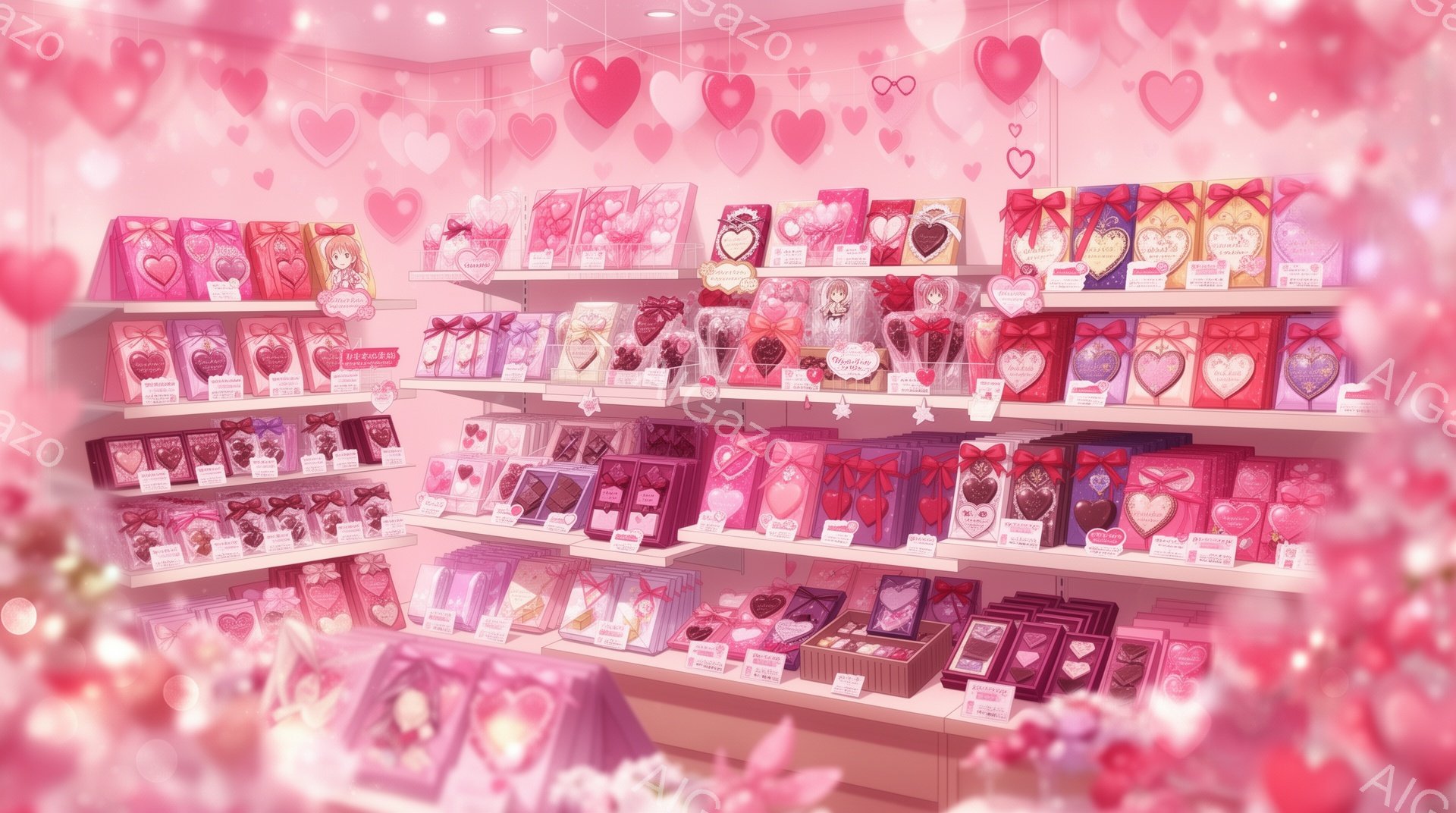 バレンタインデーのチョコレートがずらりと並んだショーケースの写真です。ピンクと赤を基調とした可愛らしい包装のチョコレートが多数、棚に並べられています。背景には、ハート型の装飾が施され、甘くロマンチック - AI生成フリー素材