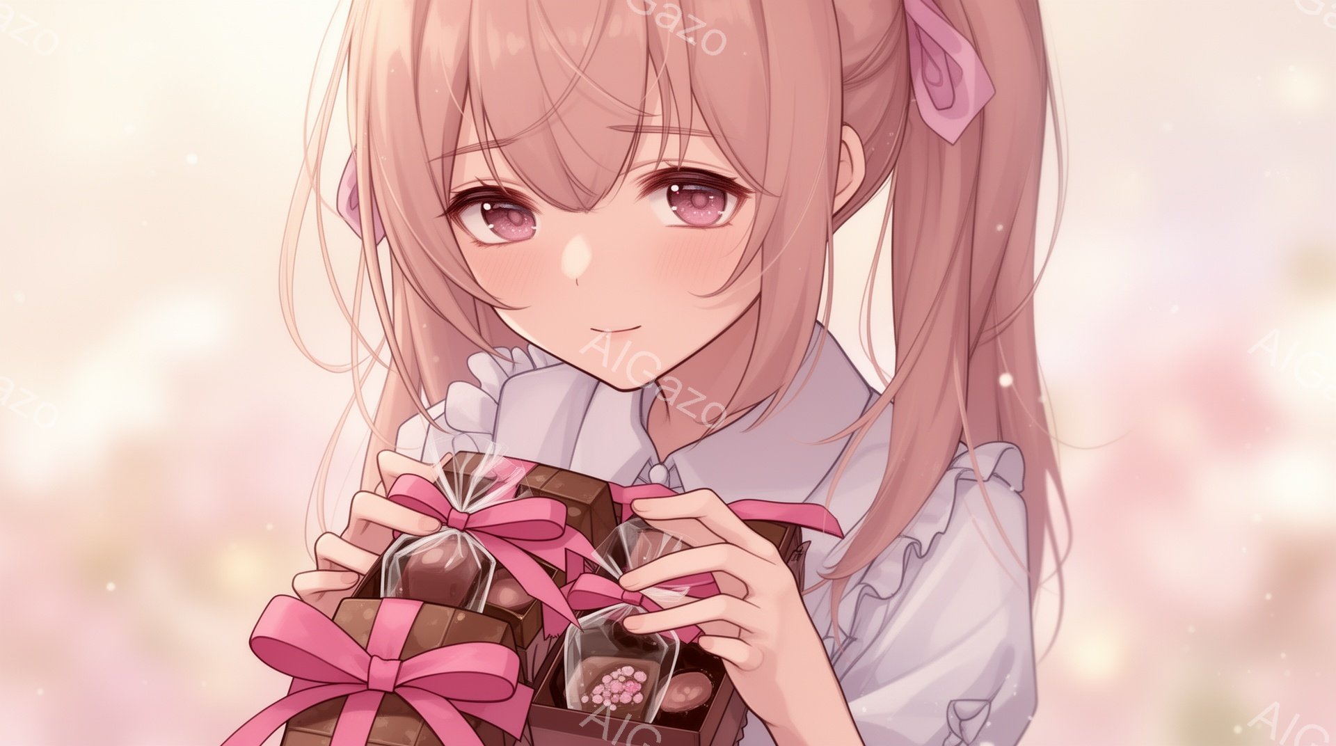 明るい茶色の長い髪にピンクのリボンをつけた少女が描かれています。白いブラウスと、淡い色のスカートを着ており、両手でピンクのリボンで結ばれた小さなギフトボックス（中には小さなキャンディーが入っているようです）を大切そうに抱えています。背景は淡いピンク色でぼかされており、全体的に柔らかく、甘い雰囲気を醸し出しています。
