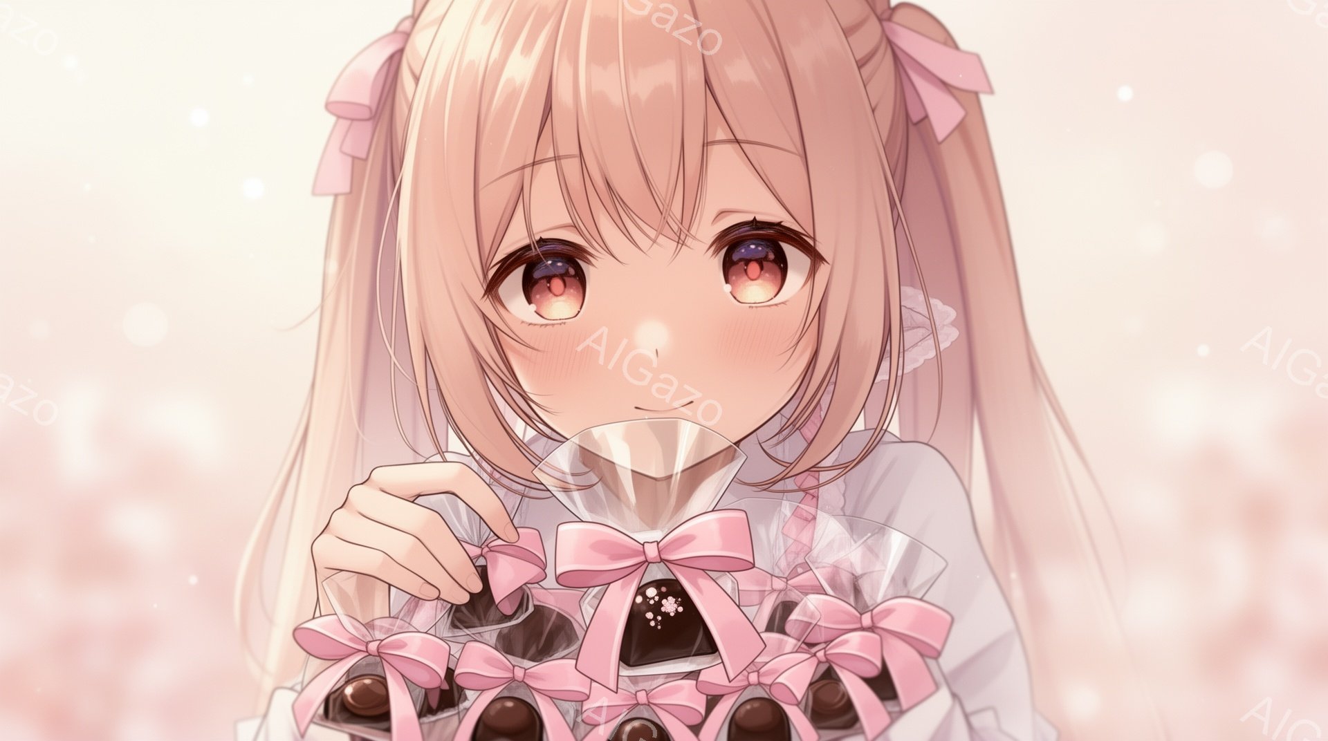 明るい茶髪をツインテールにし、各髪飾りにはピンクのリボンが付いています。彼女はピンクのリボンで飾られたチョコレートの箱を両手で抱え、幸せそうな笑顔を浮かべています。背景は淡いピンク色で、ぼかし加工が施され、全体的に優しく温かい雰囲気です。
