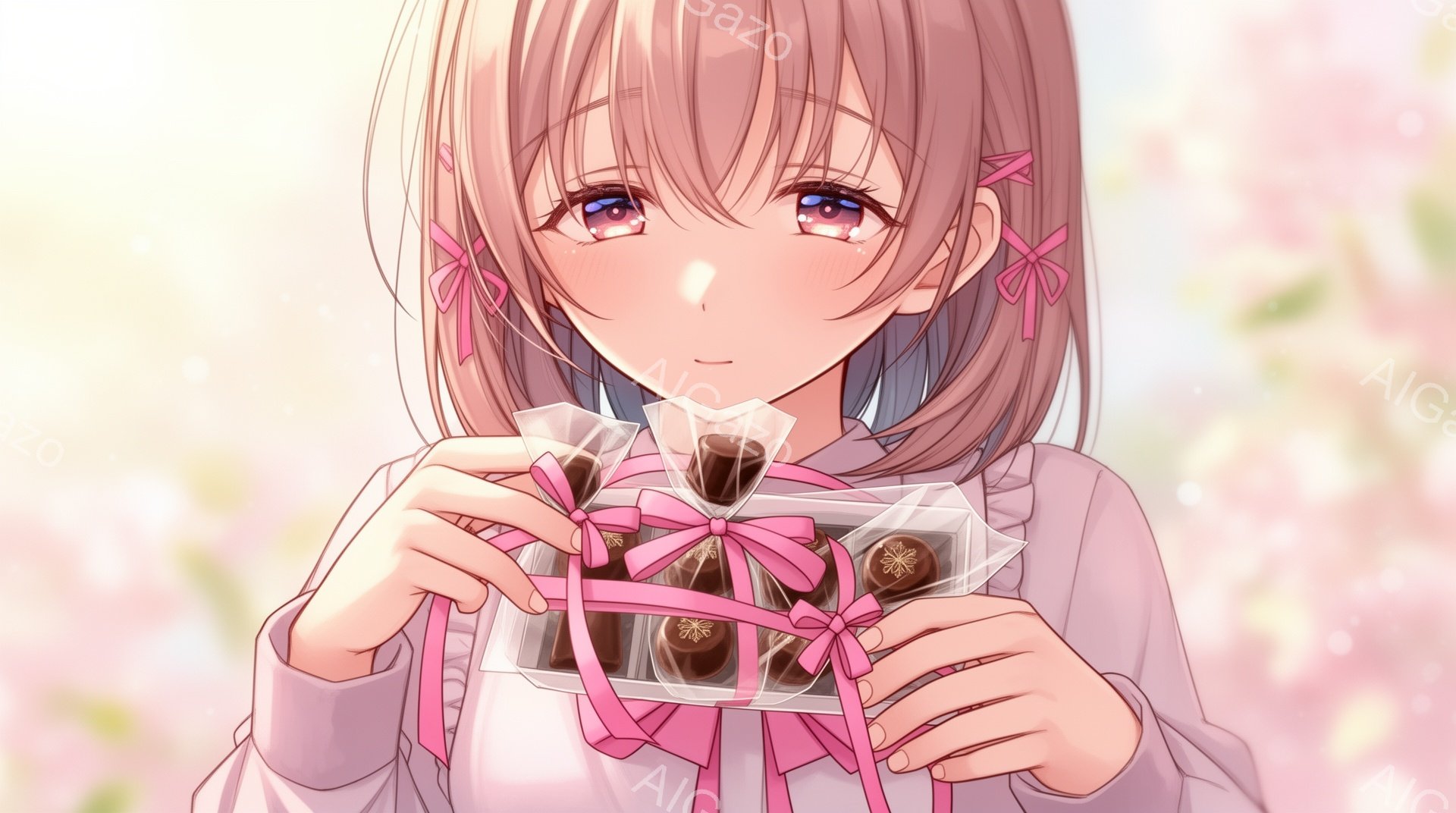 明るい茶色の髪を肩まで伸ばした少女が、チョコレートの詰め合わせを両手で大切そうに持っています。淡いピンク色のリボンが可愛らしく、優しい笑顔で見る人の心を温めます。背景は桜の花びらが舞う春らしい淡いピン - AI生成フリー素材