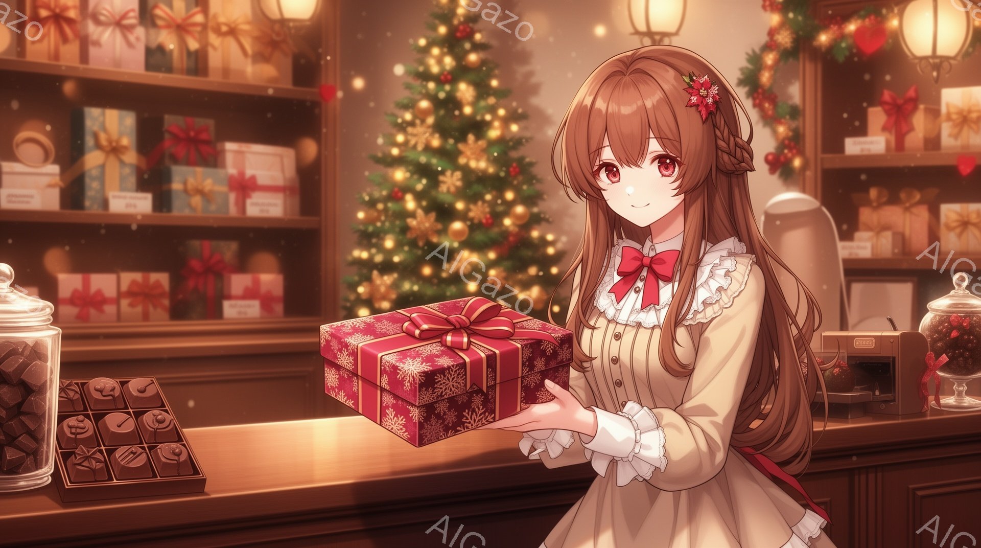 長い茶色の髪をサイドに編み込み、赤いリボンをつけた少女が、ラッピングされた赤いギフトボックスを両手で丁寧に差し出しています。オフホワイトのフリル付きブラウスとスカートのアンサンブルを着ており、背景にはクリスマスツリーやギフトボックスが並び、店内のカウンター越しに見えます。暖色系の照明と装飾が、温かく、お祝いの雰囲気を醸し出しています。
