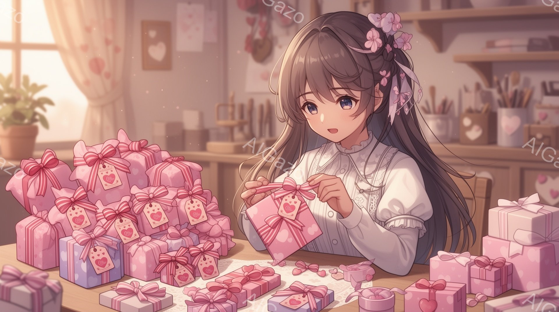 長い黒髪をハーフアップにし、ピンクのリボンと花飾りをつけた少女が、たくさんのピンク色のプレゼントボックスで囲まれています。彼女は白いブラウスとスカートを着ており、プレゼントにリボンを結ぶ作業に集中して - AI生成フリー素材