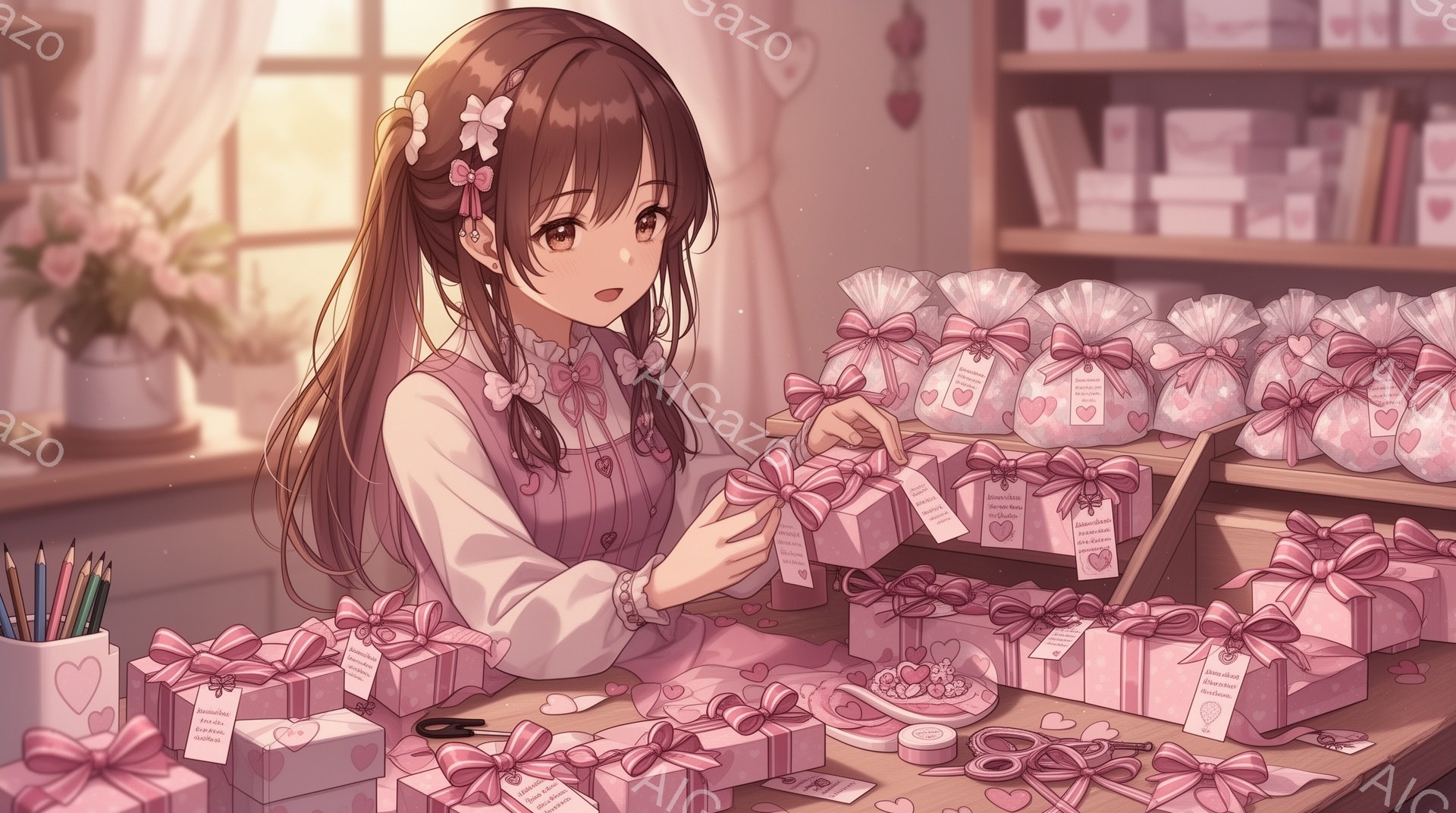 明るい茶髪をツインテールにした少女が、ピンク色のギフトボックスを制作しています。白いブラウスにピンクのベストを着ており、集中した表情でリボンを結んでいます。背景には、たくさんのギフトボックスとカラフルな文房具が並び、温かく可愛らしい雰囲気が漂っています。