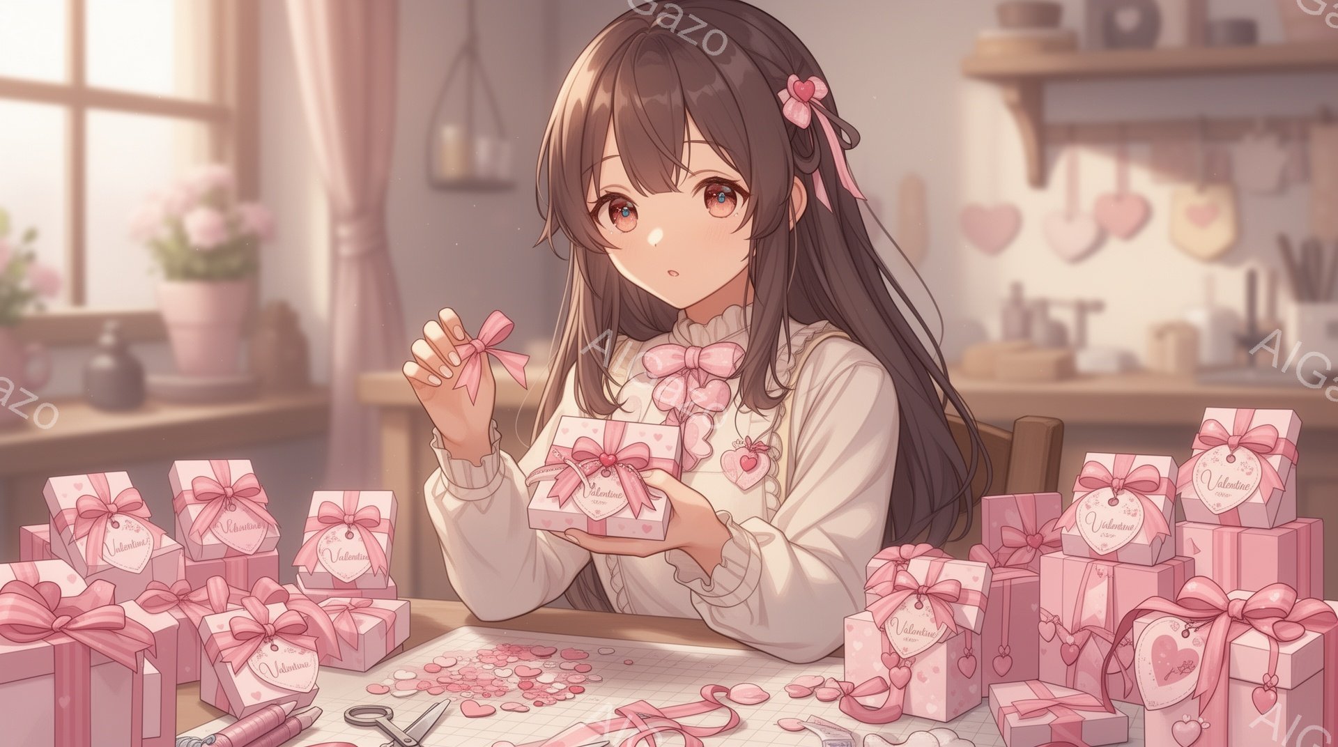 明るい部屋で、少女が多くのピンク色のギフトボックスを囲んで座っています。彼女は長い茶色の髪を結び、白いブラウスとスカートを身につけており、ギフトボックスのリボンを結ぶ作業に集中しています。背景には、花瓶に入った花や、壁に飾られたハート形の装飾があり、全体的に温かく、愛情あふれる雰囲気が漂っています。
