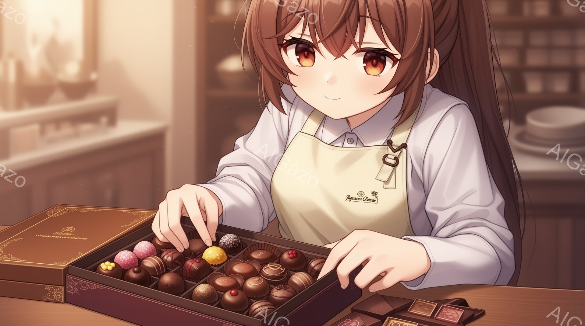 明るい茶髪の少女が、高級感のあるチョコレートの箱の中身を確かめるように手を伸ばしています。白いブラウスにエプロン姿で、優しい笑顔を浮かべており、背景には木製のカウンターと、ぼんやりと見える店内の様子が - AI生成フリー素材