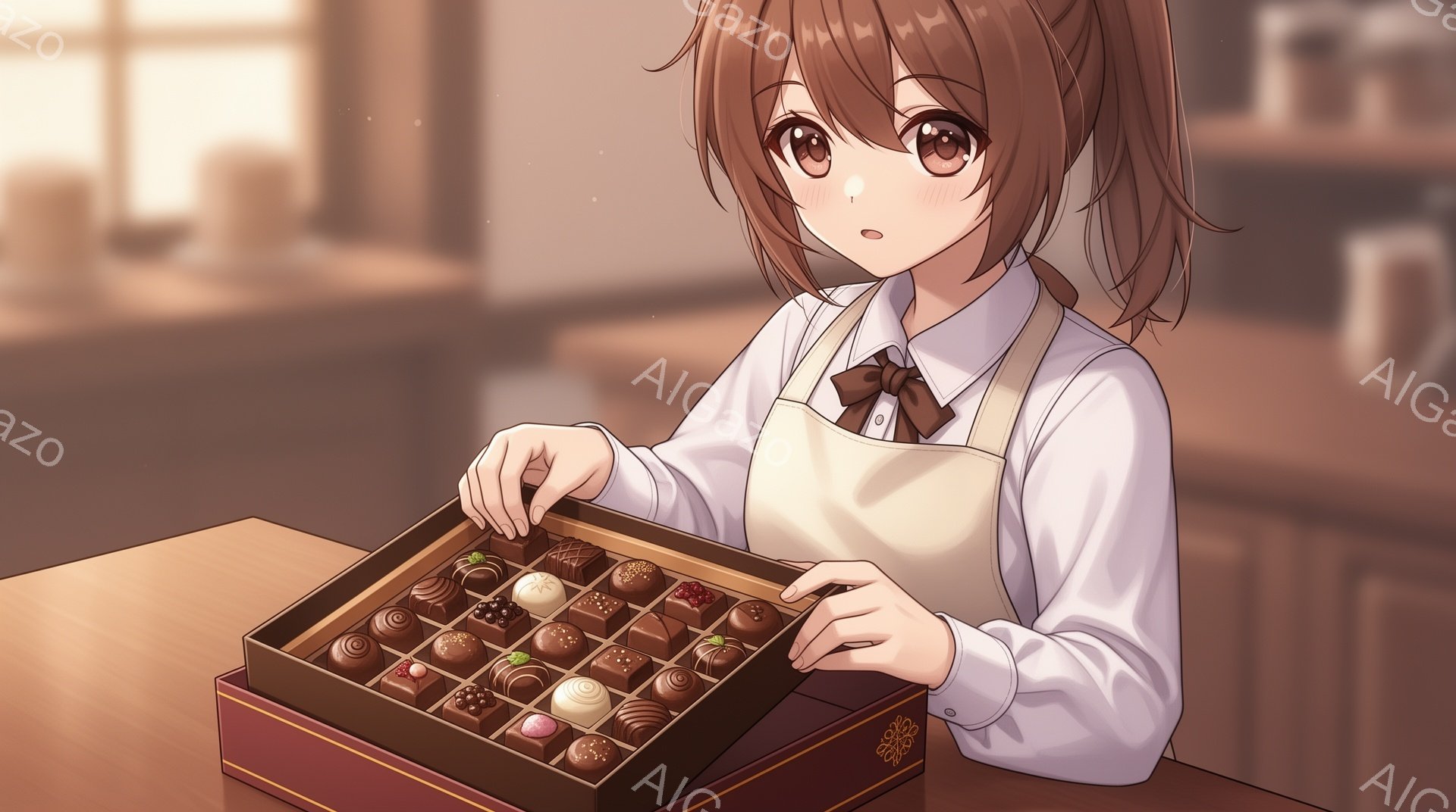 明るい茶髪をサイドテールにした少女が、チョコレートが並んだ箱を見下ろしている。白いシャツにベージュのエプロンをつけ、少し驚いたような、または躊躇するような表情をしている。背景には木製の棚が見え、店内のような暖かく優しい雰囲気が漂っている。