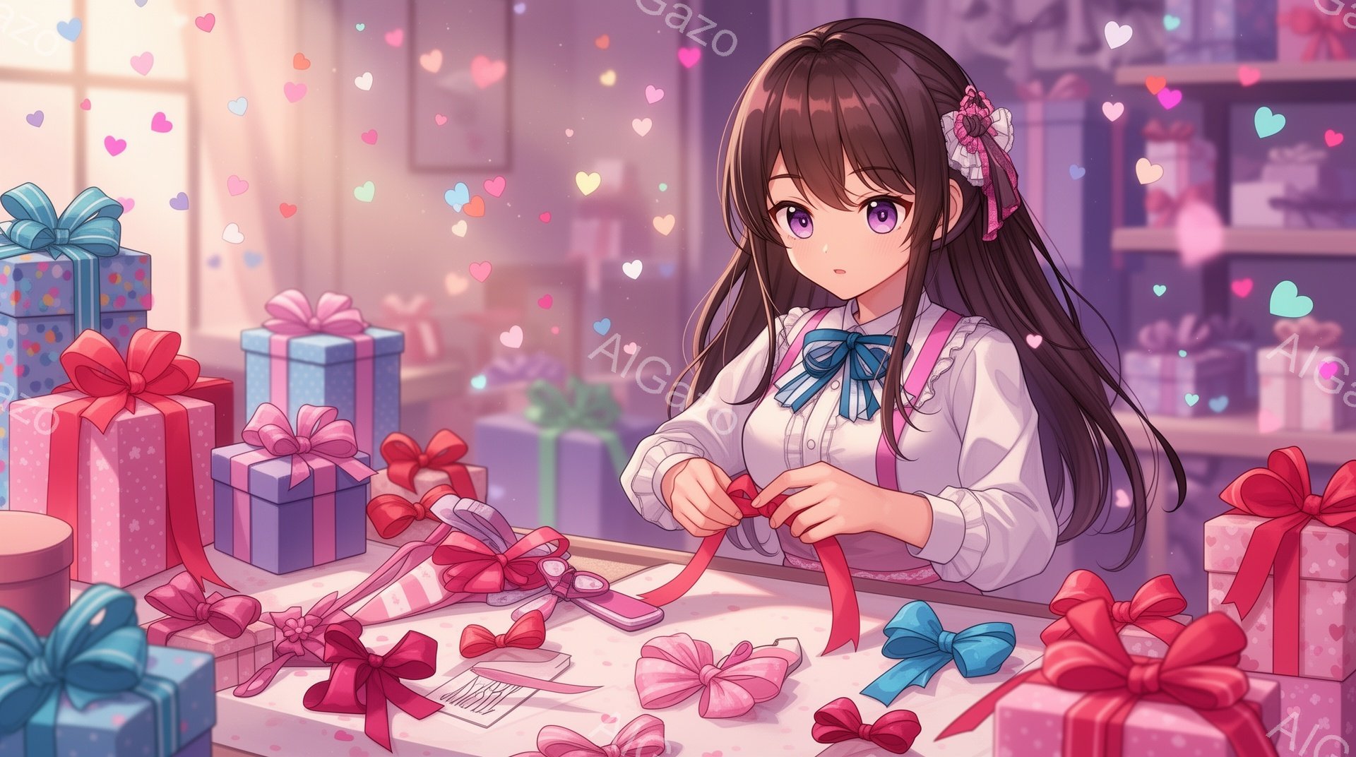 長い黒髪をほどこし、赤いリボンでサイドテールにした少女が描かれています。白いブラウスと赤いサスペンダーのスカートを着て、プレゼントのラッピングに集中しており、赤いリボンを結ぶ作業中です。背景にはたくさ - AI生成フリー素材