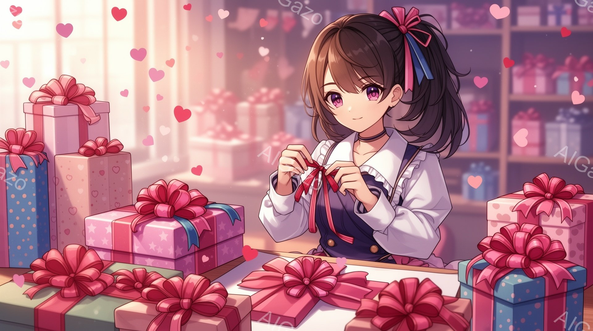 茶色の髪をリボンで結んだ少女が、ピンクと水色のギフトボックスで囲まれたテーブルでリボンを結んでいます。彼女は白いブラウスとベストを着ており、優しい微笑みを浮かべています。背景にはギフトボックスが並んだ - AI生成フリー素材
