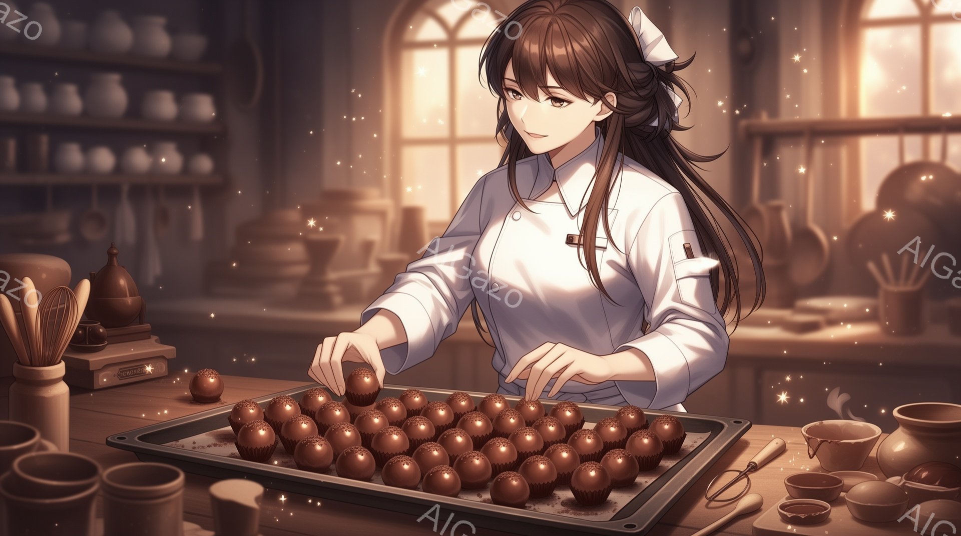 薄茶色の髪を後ろで一つにまとめ、白いコックコートを着た女性が、チョコレートを丁寧にトレイに並べている。彼女は集中した表情で、繊細な作業に没頭しており、背景にはたくさんの陶器製の容器が並んだ棚と、明るい - AI生成フリー素材