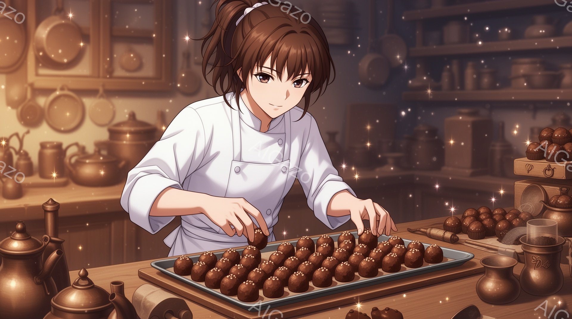 茶色の髪を後ろでまとめた女性が、白いコックコートを着て、チョコレートをトレイに並べている。彼女は集中した表情で、丁寧にチョコレートに飾り付けをしている。背景には、様々な調理器具が並んだ棚があり、暖かく - AI生成フリー素材