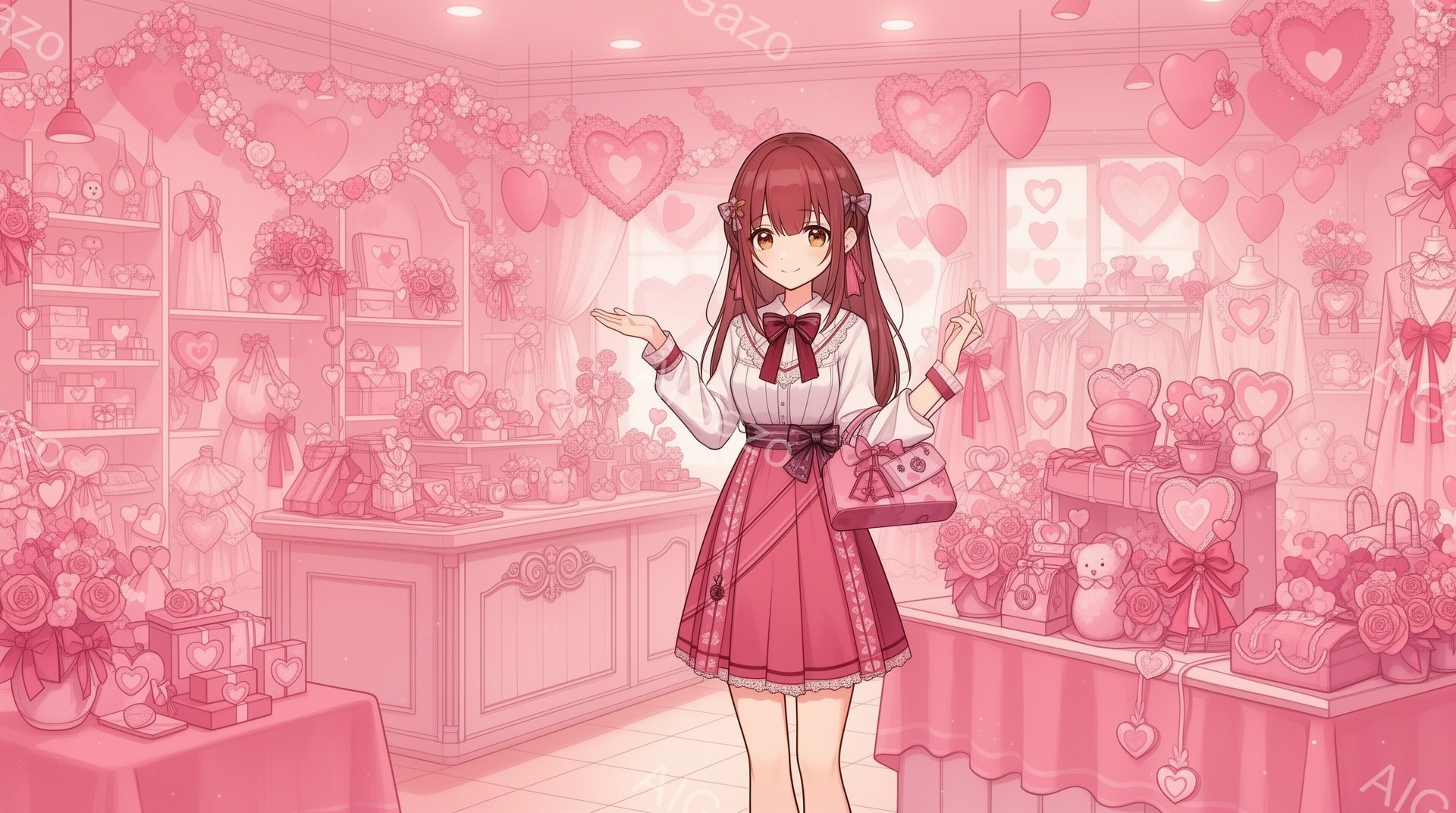 画像には、ピンク色の装飾が施された店内で、赤い髪をツインテールにした少女が立っています。彼女は白いブラウスにピンク色のスカートとリボンをつけ、片手を上げて何かを指し示しており、もう一方の手にはピンク色 - AI生成フリー素材