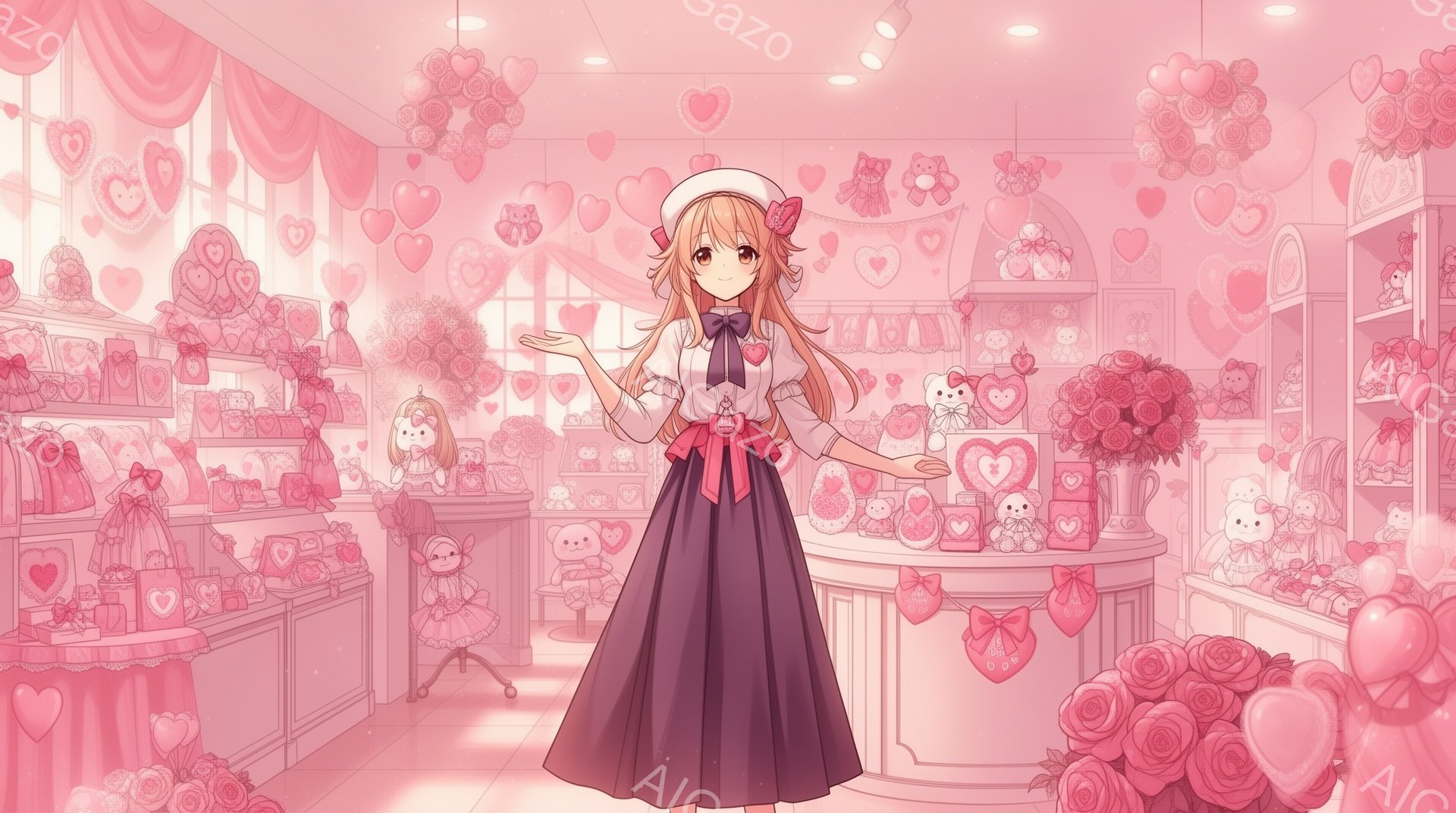 明るいピンクを基調としたお菓子屋さんの前に、少女が立っている。彼女は白いブラウスに濃い紫色のスカート、そして白い帽子をかぶり、片手を前に出して何かを提示しているようだ。背景には、ピンク色の花や可愛らしいお菓子でいっぱいの棚が並び、甘くてロマンチックな雰囲気を醸し出している。