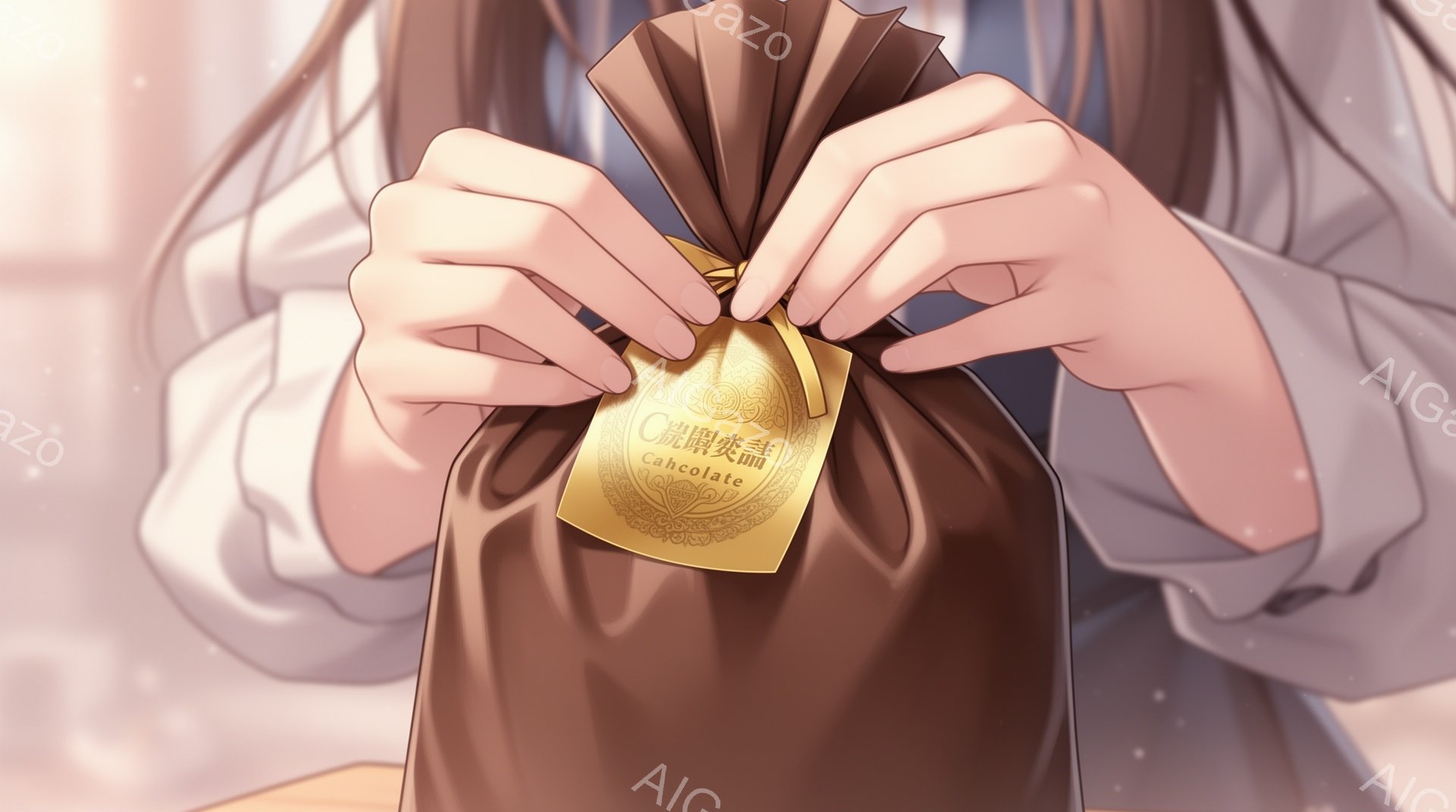 画像は、茶色の包装紙で包まれたギフトを両手で持つ人物のクローズアップです。人物は薄茶色の髪を持ち、首元には白い襟が見え、服装は上品な印象を与えます。ギフトには金色のタグがついており、日本語で文字が書かれています。