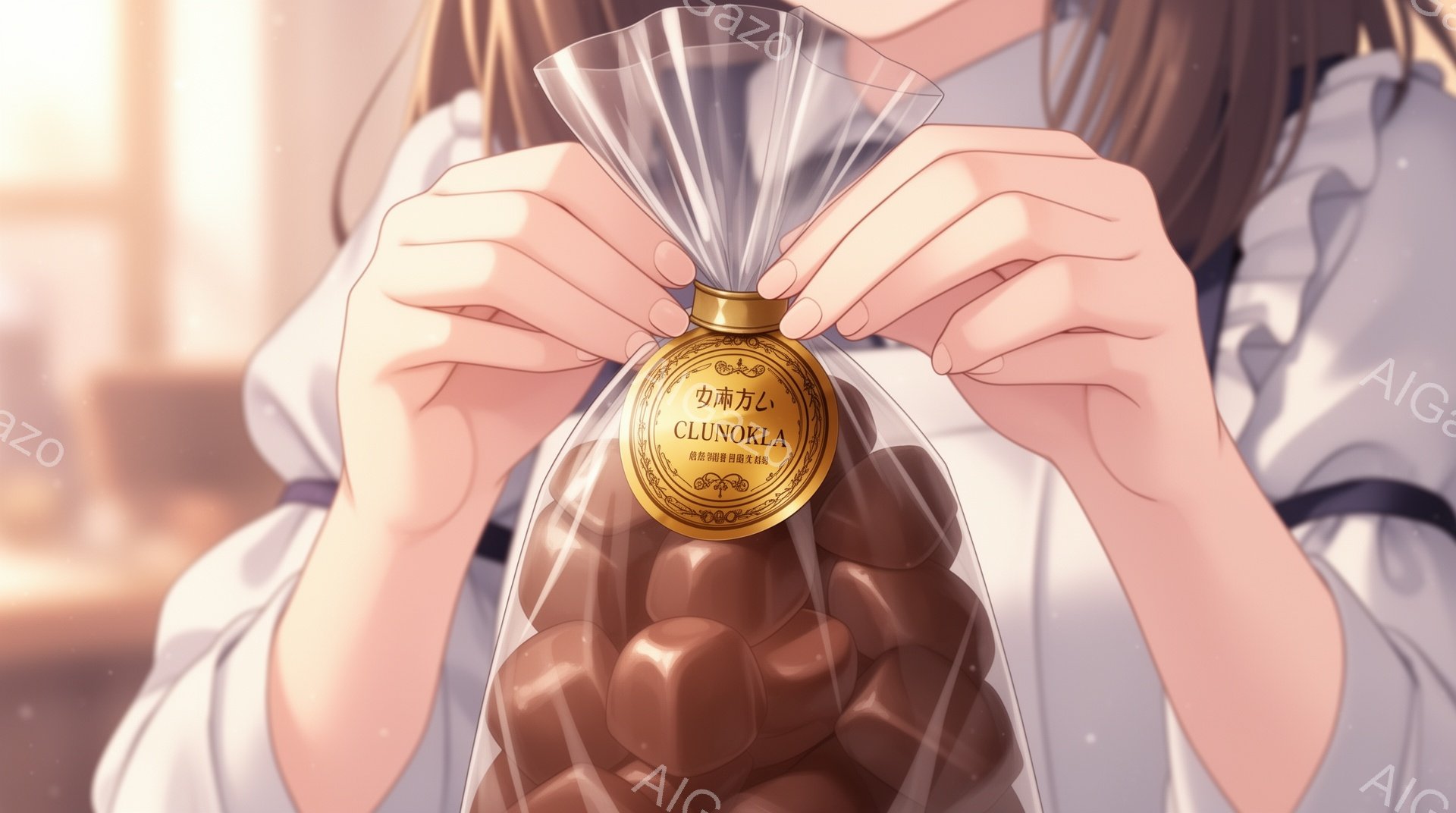 画像は、茶色の髪を後ろでまとめた若い女性が、透明な袋に入ったチョコレートを両手で持っている様子を描いています。彼女は白いブラウスと暗い色のジャケットを着ており、背景はぼやけた暖色系の室内で、チョコレー - AI生成フリー素材