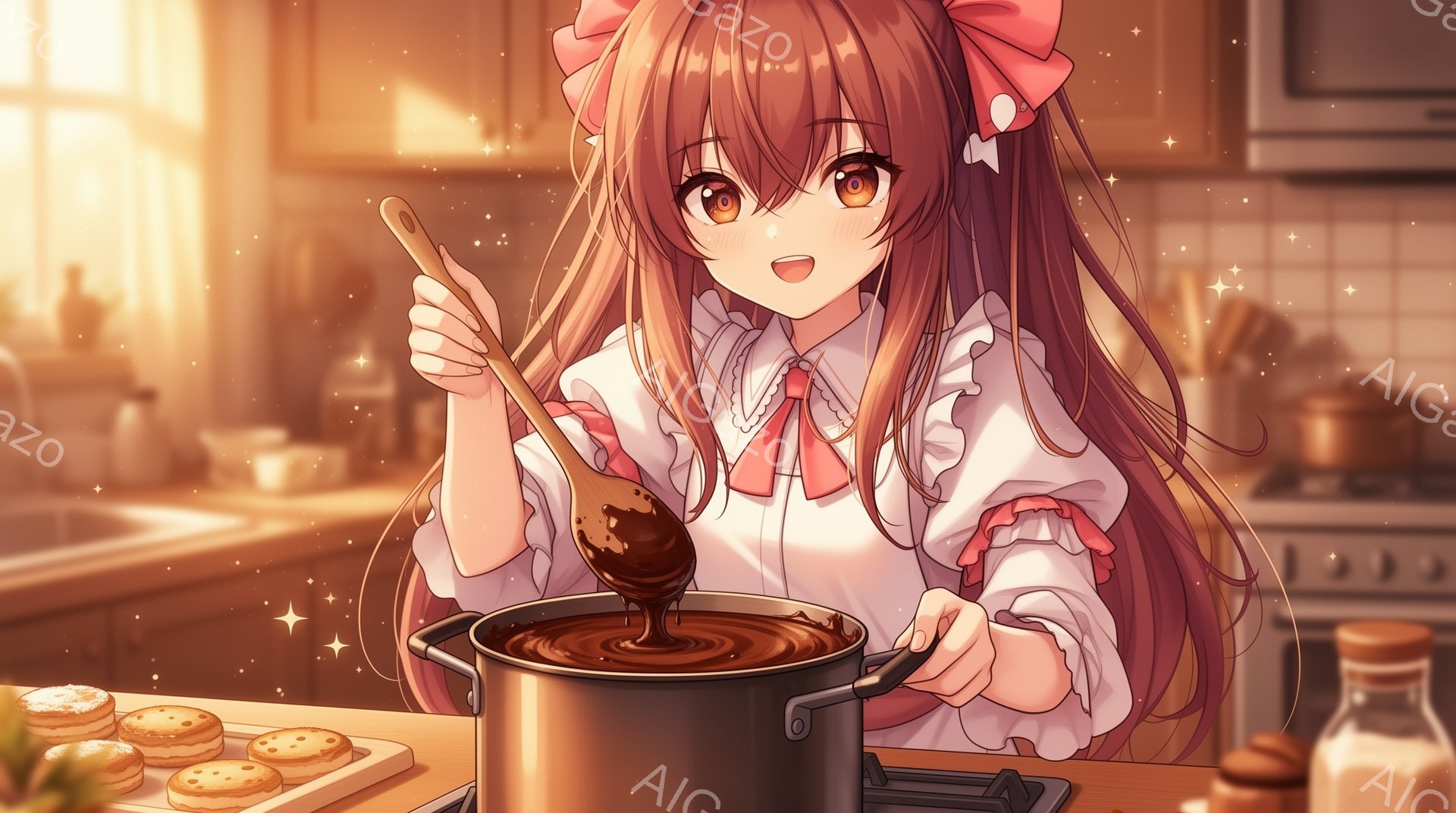 長い赤みがかった茶色の髪を三つ編みにし、大きなリボンで飾った少女が描かれています。彼女は白いブラウスにピンクのリボン、フリル付きの可愛らしいエプロンを着ており、鍋の中のチョコレートソースを木のスプーンで混ぜています。背景は暖色のキッチンで、クッキーが置かれたトレイや瓶が並び、全体的に温かく幸せな雰囲気が漂っています。