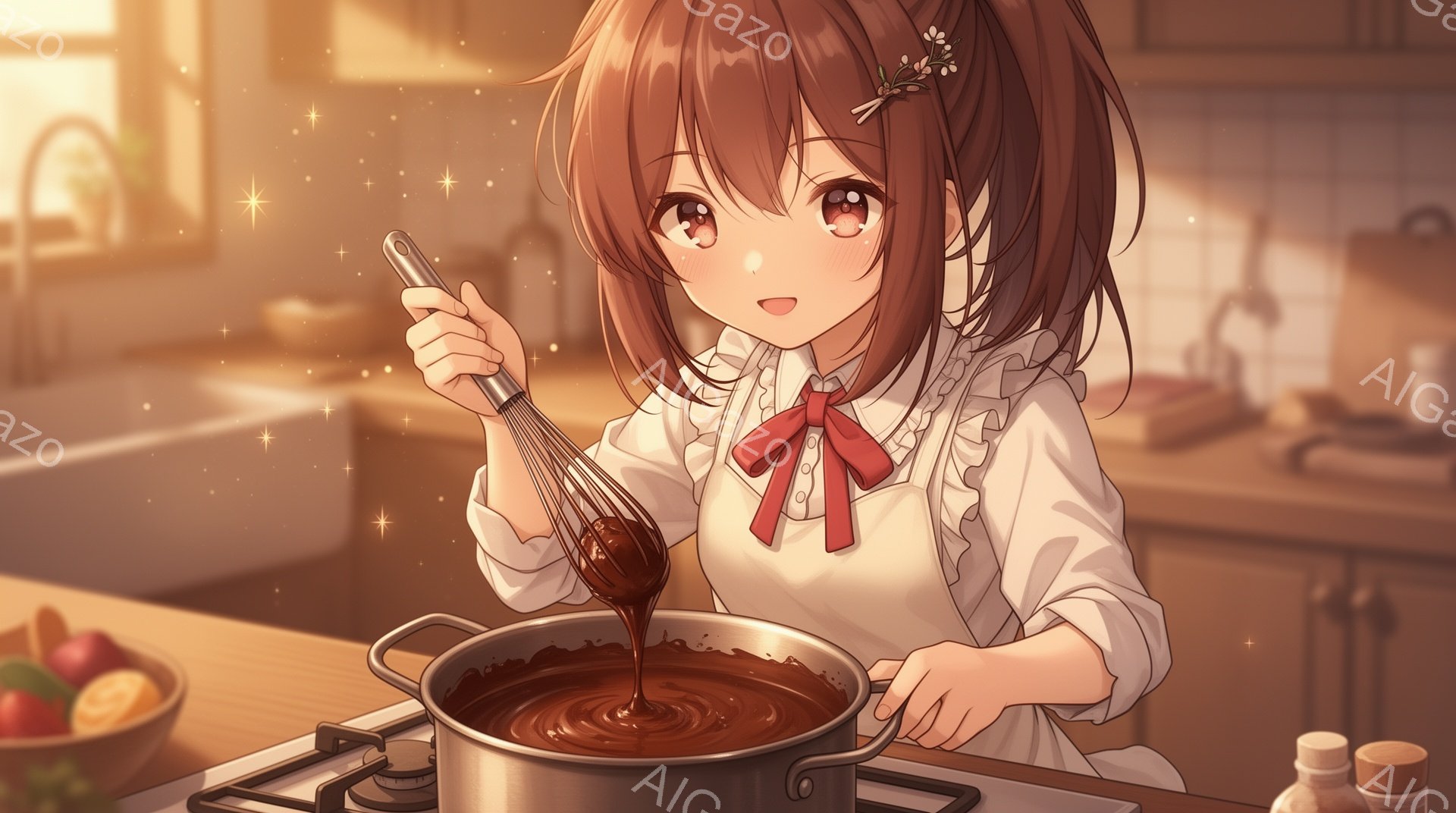赤茶色の髪を高く結び、赤いリボンと小さな花の飾りをつけた少女が、キッチンで鍋をかき混ぜています。白いブラウスにエプロンを着用し、少し微笑んだ表情で楽しそうに調理しています。背景にはキッチンキャビネットや調理器具が見え、暖かく優しい雰囲気です。