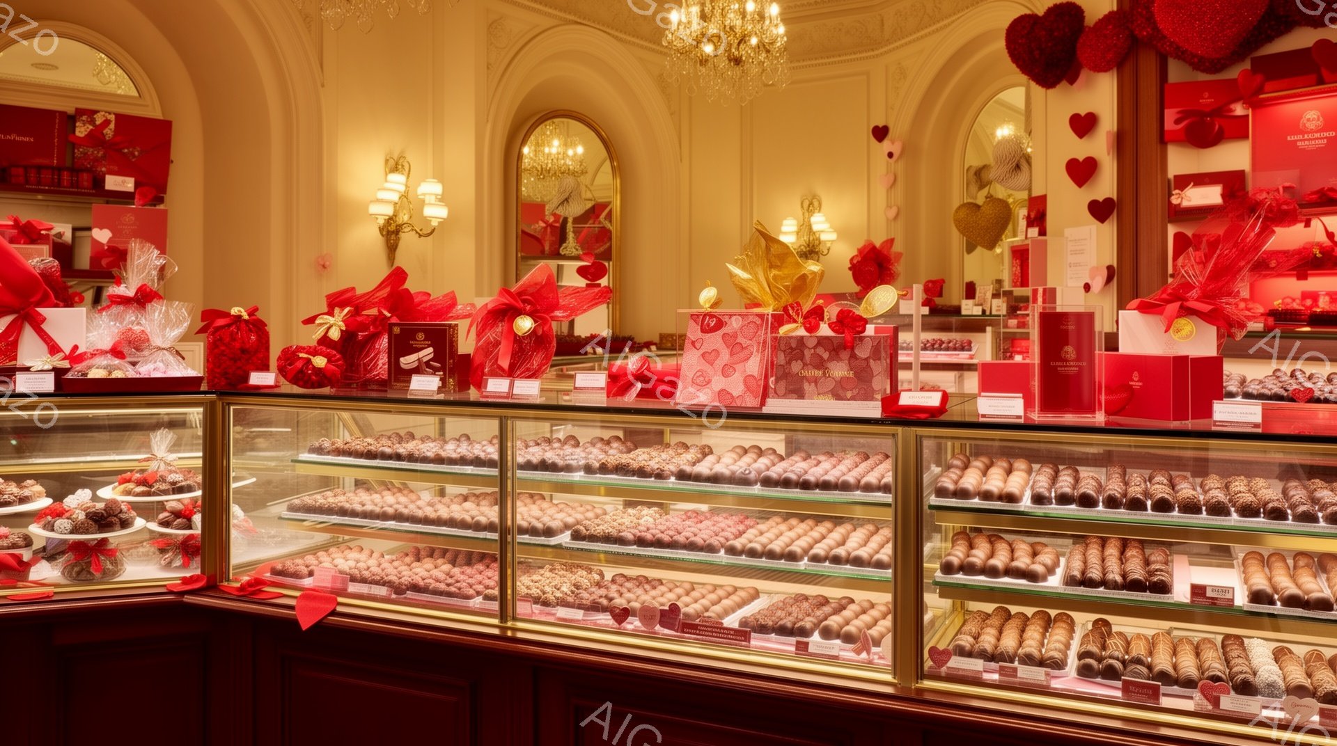 ショーケースには、様々な種類のチョコレートが整然と並べられています。赤と金色の装飾が施された店内は、豪華で華やかな雰囲気を醸し出しており、天井のシャンデリアがその雰囲気をさらに高めています。赤い包装紙と金の装飾がバレンタインデーを連想させ、特別な日を祝うための甘い誘惑が広がっています。