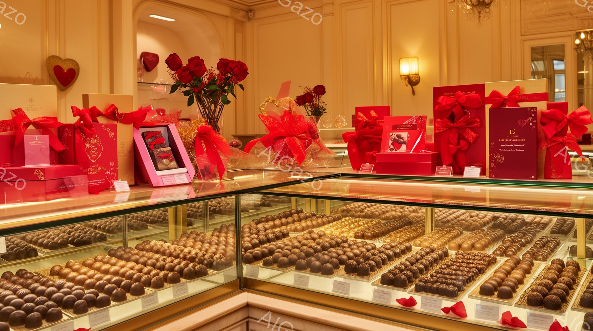 チョコレートの宝石箱のような光景が広がっています。ショーケースには、きれいに並べられた様々なチョコレートがぎっしり詰め込まれ、赤と金の包装紙が高級感を醸し出しています。背景には、赤いバラの花束と、チョコレートのギフトボックスが飾られ、バレンタインデーや特別な日の雰囲気を高めています。