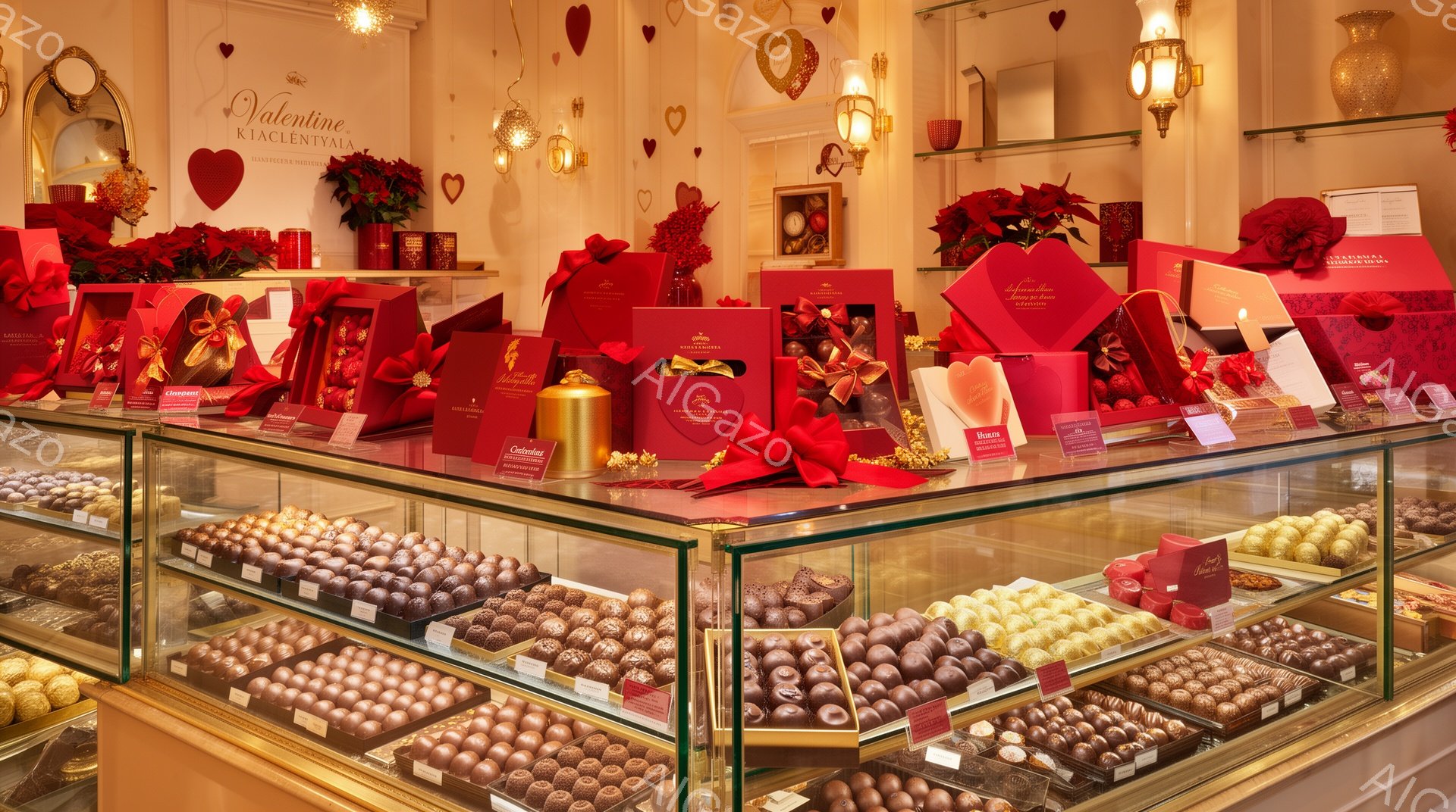 バレンタインのショーケースが写っており、様々な種類のチョコレートが整然と並べられています。赤と金色の包装紙が使用され、華やかでロマンチックな雰囲気を醸し出しています。背景には赤い花と、ハート型の装飾が - AI生成フリー素材