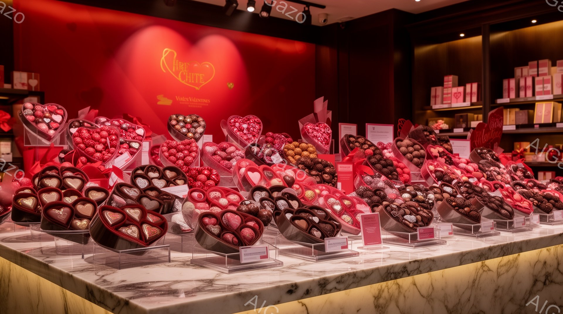 ショーケースには、様々な種類のチョコレートがハート型の形に並べられています。チョコレートは、ミルクチョコレート、ダークチョコレート、ホワイトチョコレートなど、色や質感が異なり、それぞれピンク色の小さな - AI生成フリー素材