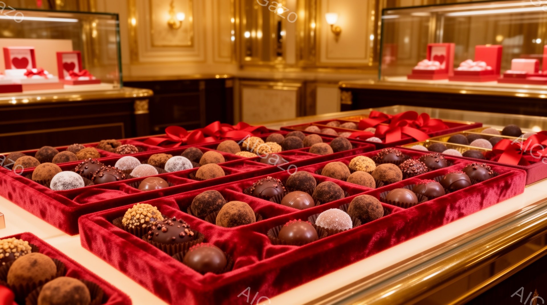真っ赤なベルベットの箱に、様々な種類のチョコレートが整然と並べられています。チョコレートはココアパウダー、ナッツ、砂糖などでコーティングされ、見た目も華やかです。背景には高級感のある内装が見え、特別な日のギフトとして提供されるチョコレートであることがわかります。