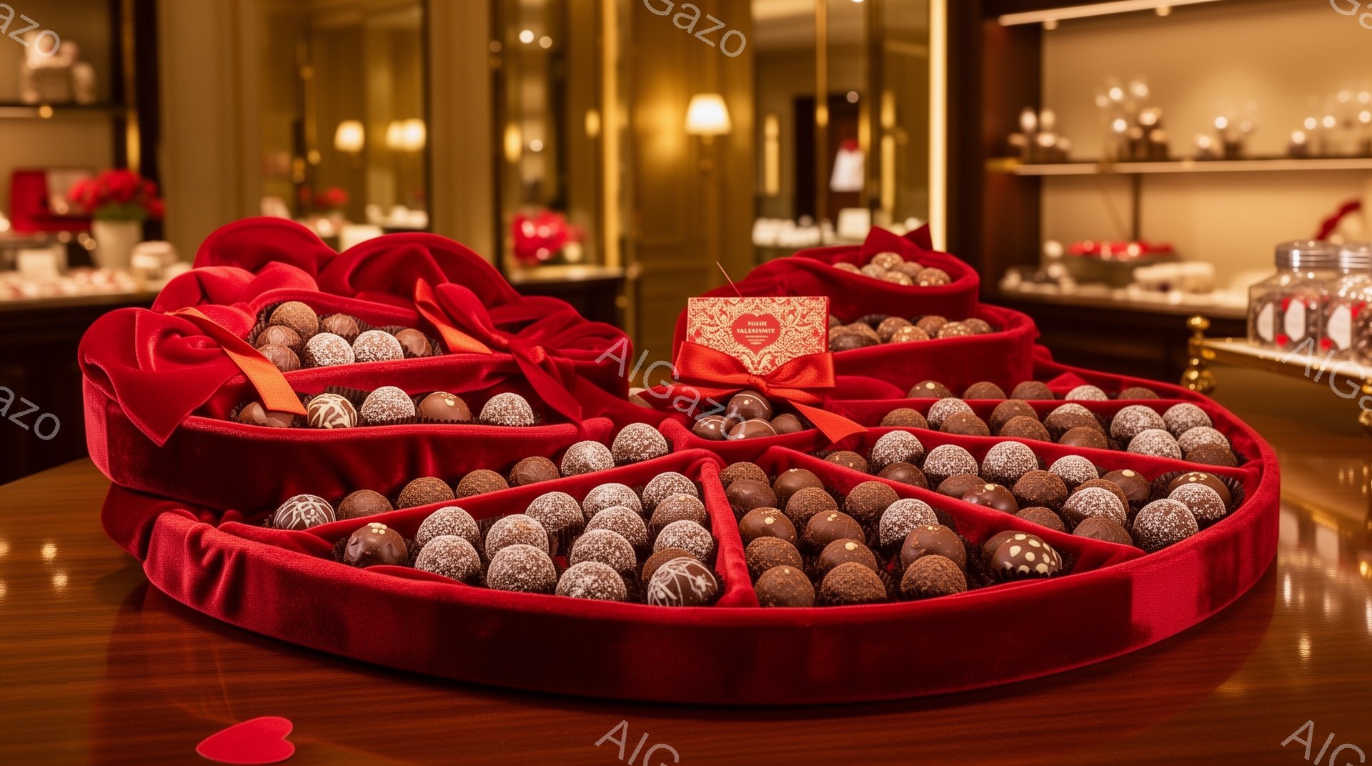 鮮やかな赤いベルベットのトレイに、たくさんのチョコレートが並べられています。チョコレートは様々な種類があり、ココアパウダーで覆われたものや、艶やかな光沢のあるものが見られます。背景には、ガラス張りのショーケースや、ぼんやりと見える店内の様子があり、高級感のある雰囲気です。