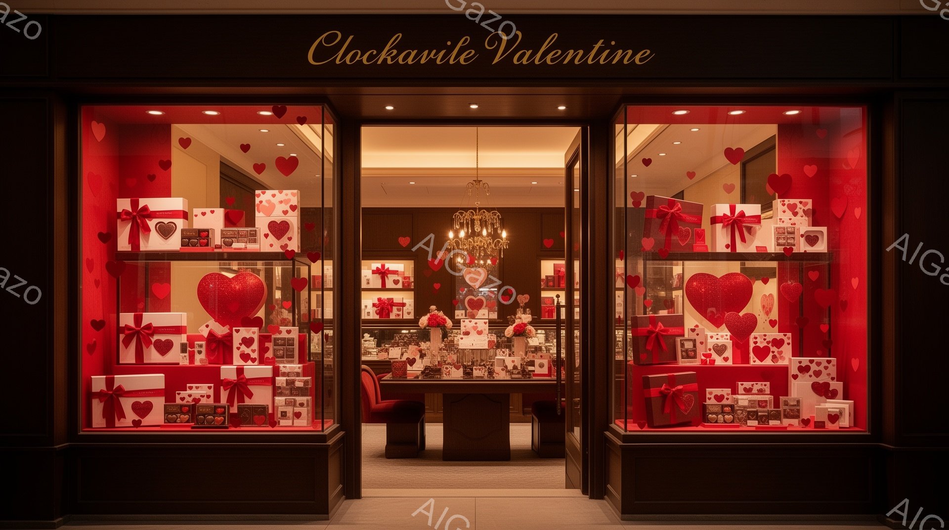 バレンタインデーをテーマにしたショーウィンドウです。赤い背景にハート型の装飾が散りばめられ、ジュエリーと共にチョコレートのギフトボックスが並べられています。奥には赤いベルベットの椅子とテーブルが置かれ - AI生成フリー素材