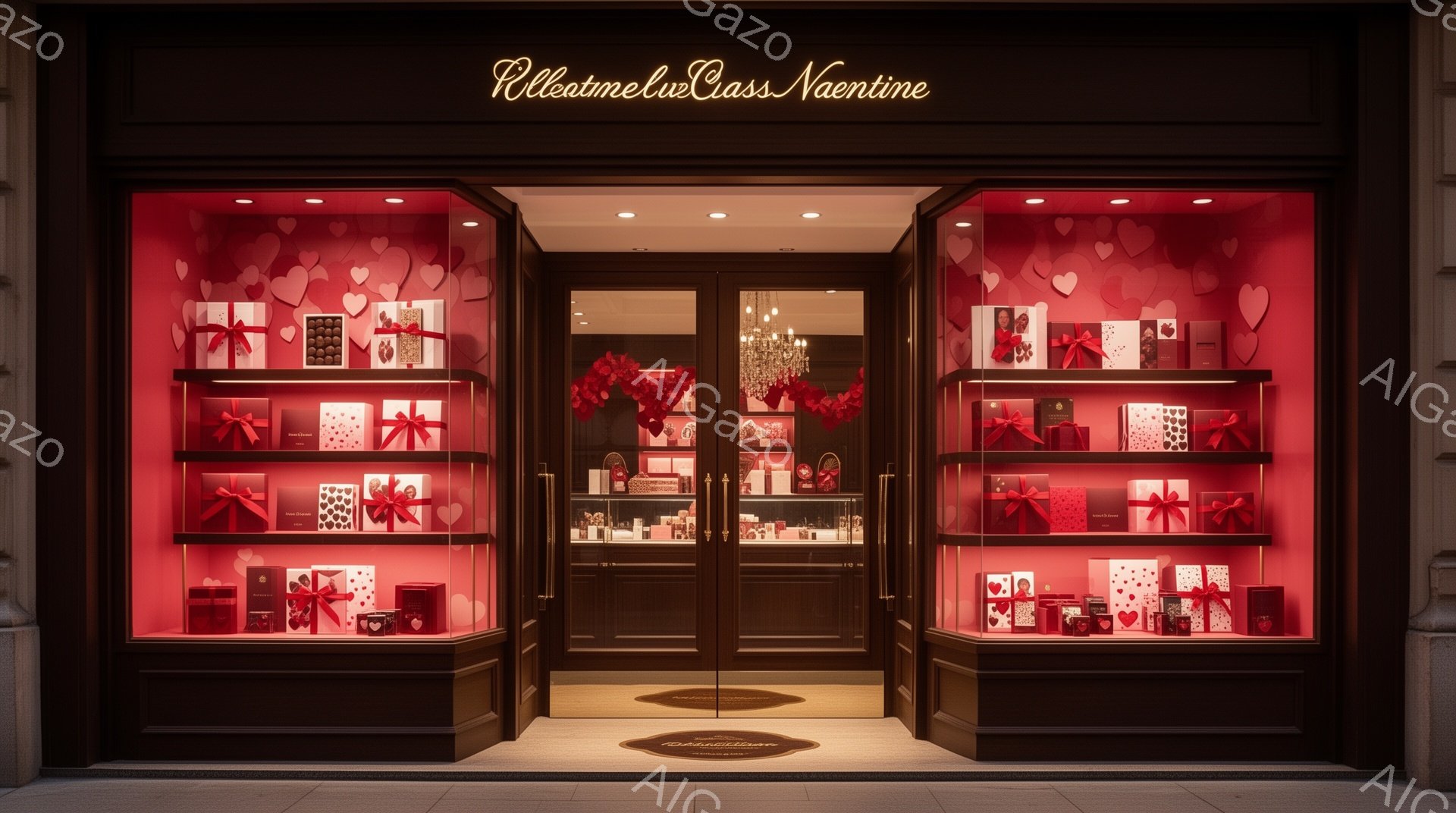 ショーウィンドウには、赤とピンクのギフトボックスが整然と並べられています。背景には、たくさんのハートの模様が施され、豪華なシャンデリアが輝いています。全体的に暖かくロマンチックな雰囲気で、バレンタイン - AI生成フリー素材