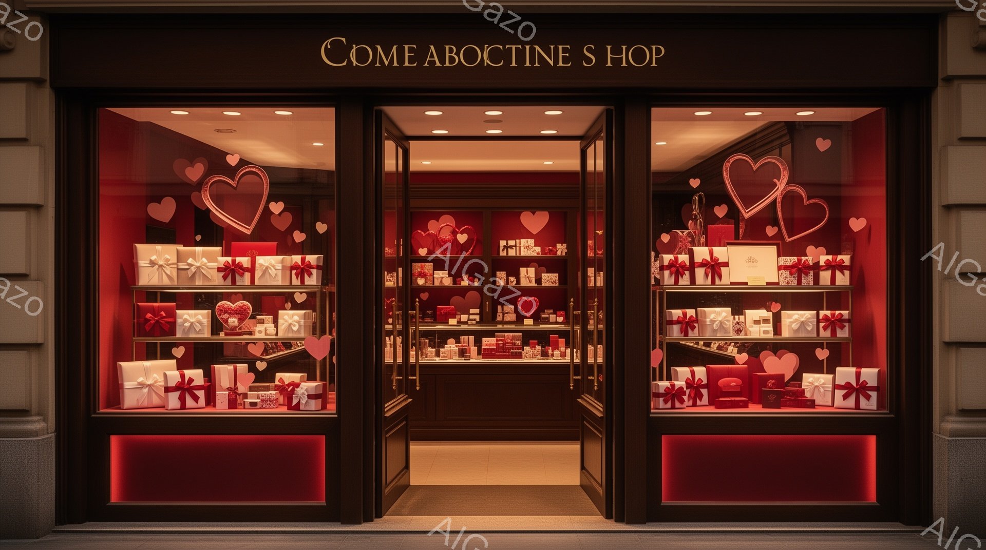 ショップの正面玄関は、明るい赤色の装飾で飾られ、可愛らしいハート型のモチーフが散りばめられています。ショーウィンドウには、赤いリボンで丁寧に包装されたギフトボックスが整然と並べられており、ロマンチックで温かい雰囲気を醸し出しています。背景は落ち着いた赤色で、全体的にバレンタインデーや特別な機会にぴったりの魅力的な光景です。