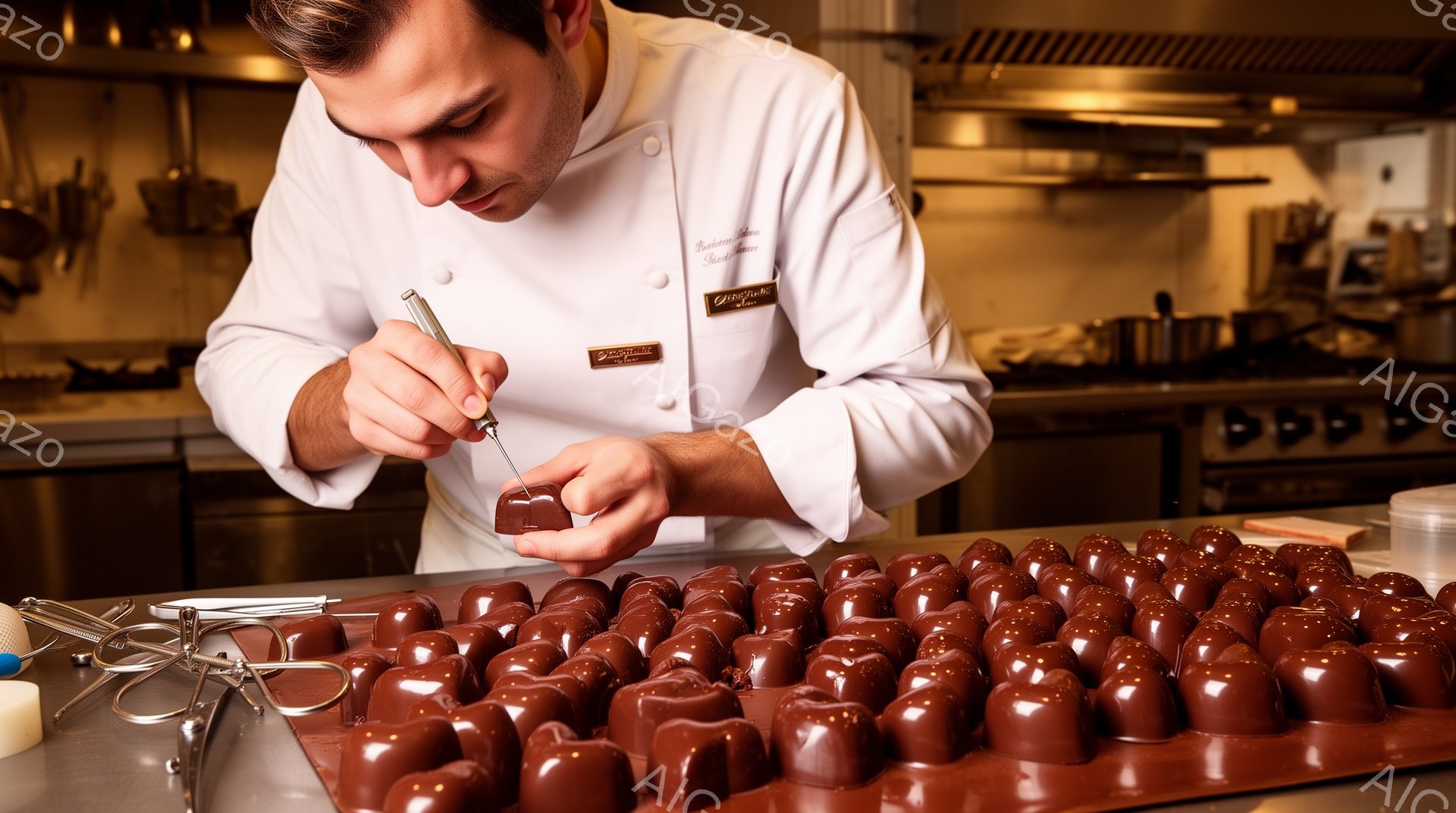 白いコックコートを着た男性が、茶色のチョコレート菓子に何かを注入している様子が写っている。彼は真剣な表情で作業に集中しており、チョコレート菓子は整然と並べられている。背景には調理器具やステンレス製の設備が見え、プロの厨房の雰囲気である。