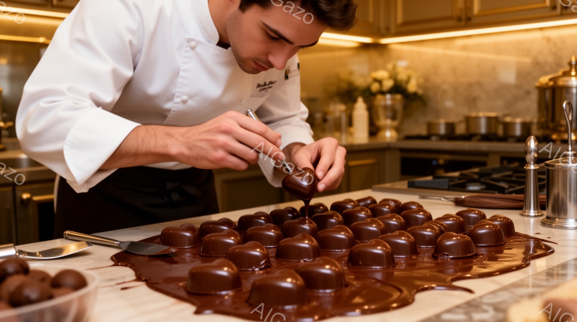 白い制服を着た男性が、白い大理石のカウンターの上に並べられたチョコレートのハート型に溶かしたチョコレートを注ぎ込んでいます。彼は真剣な表情で作業に集中しており、短く整えられた髪と白いエプロンが印象的です。背景には、調理器具や花が置かれたキッチンがあり、全体的に暖かく上品な雰囲気が漂っています。