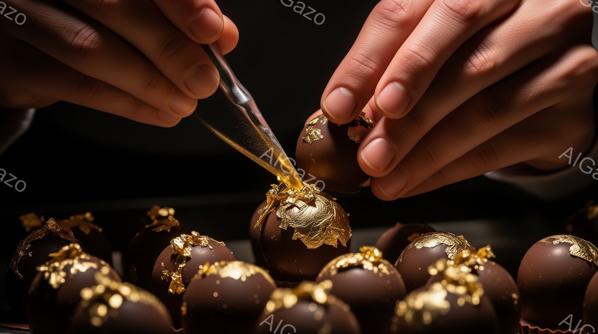 チョコレートを金箔で飾る手が写っている。深茶色のチョコレートは丸く、金箔が丁寧に貼り付けられているのがわかる。背景は暗く、チョコレートの豪華さと職人技を際立たせている。