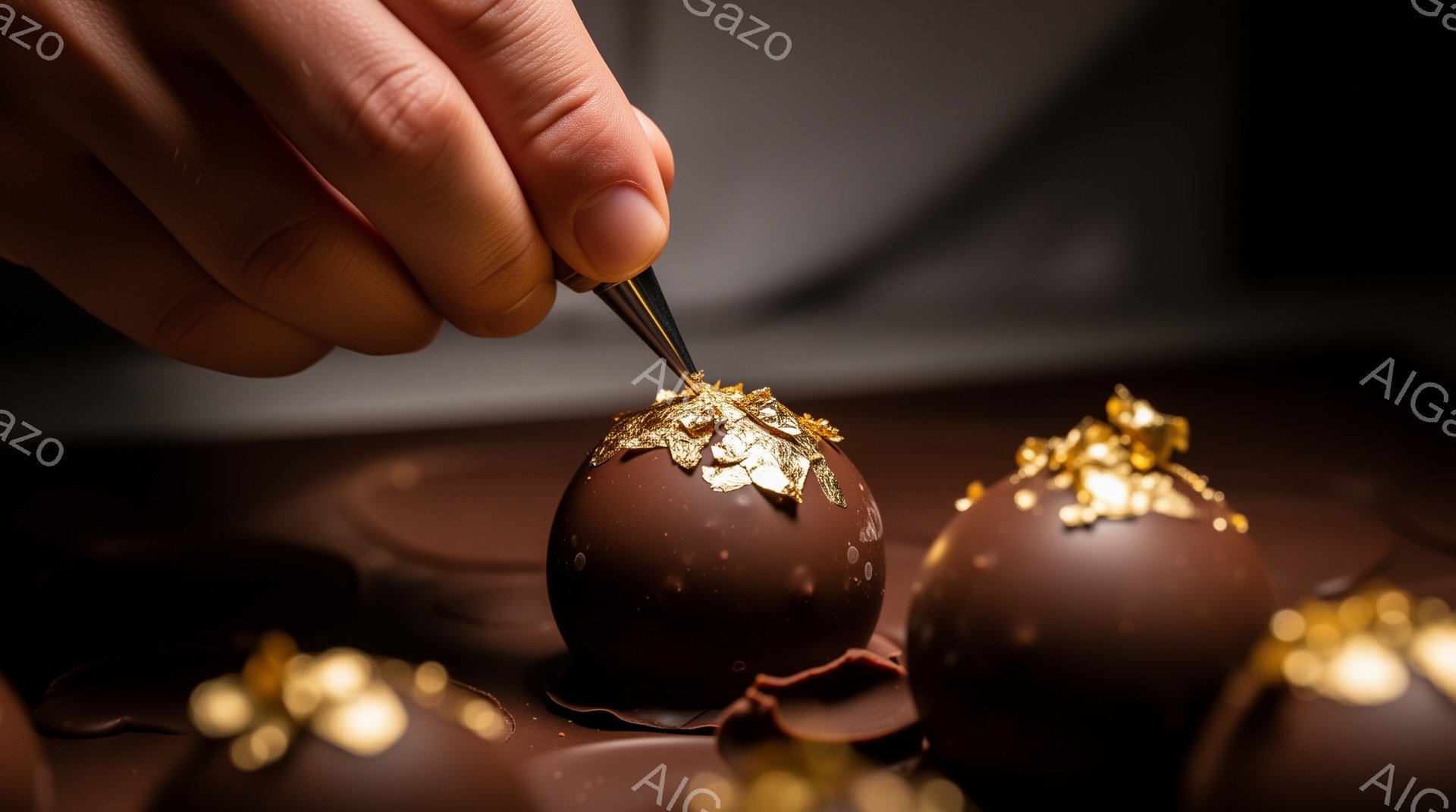 チョコレート色の球状の菓子に金箔を乗せる作業が写っている。背景には同様の菓子がいくつか並び、暗い茶色の背景が、金箔の輝きを強調している。全体として、高級感があり、繊細な手仕事が感じられる雰囲気である。