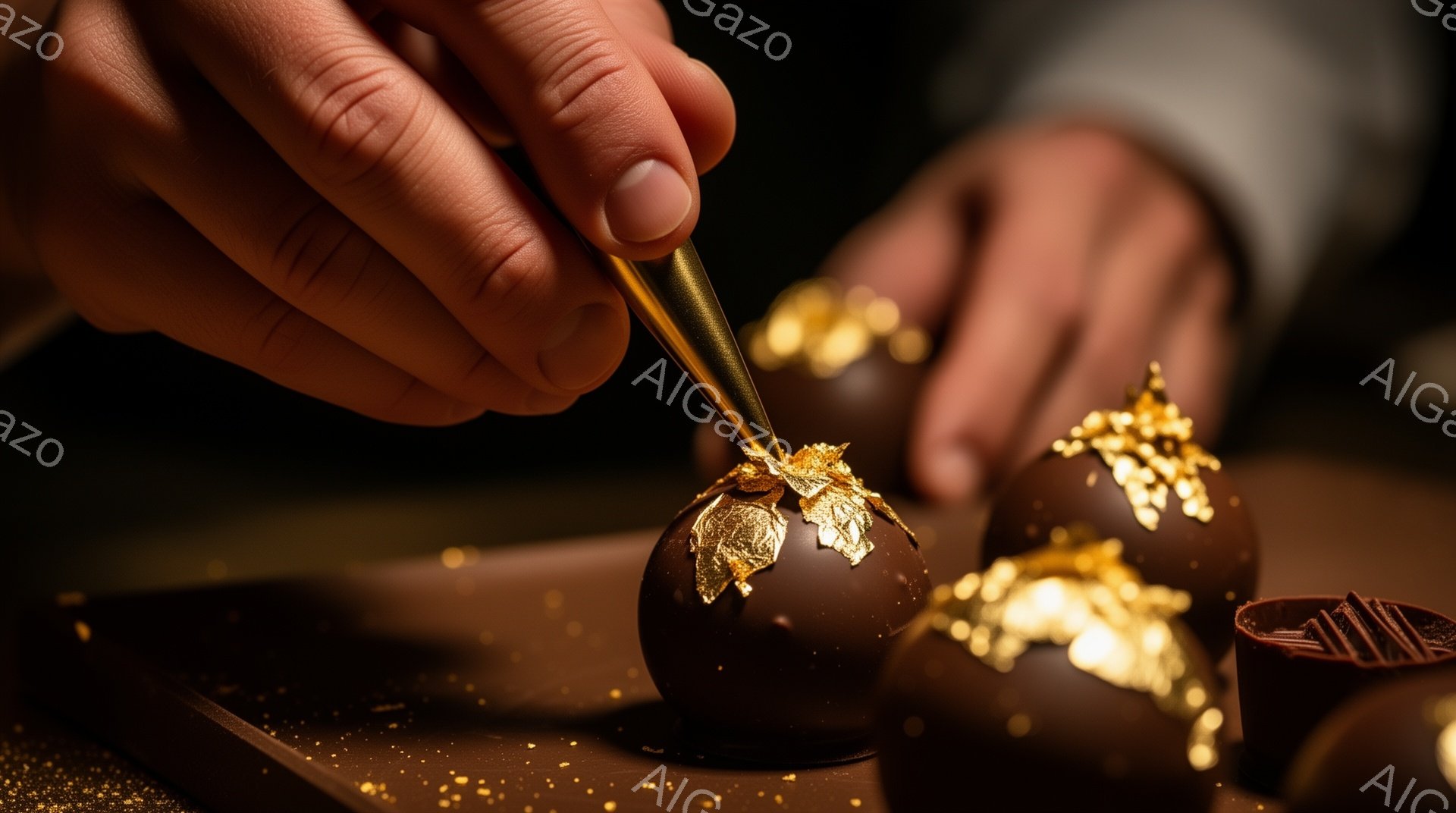 チョコレートを金箔で飾る作業風景が捉えられています。温かみのある茶色の背景に、金色の葉が乗せられた丸いチョコレートが数個並べられています。手元には金箔をピンセットで扱う様子が映し出され、高級感と繊細な職人技が感じられます。