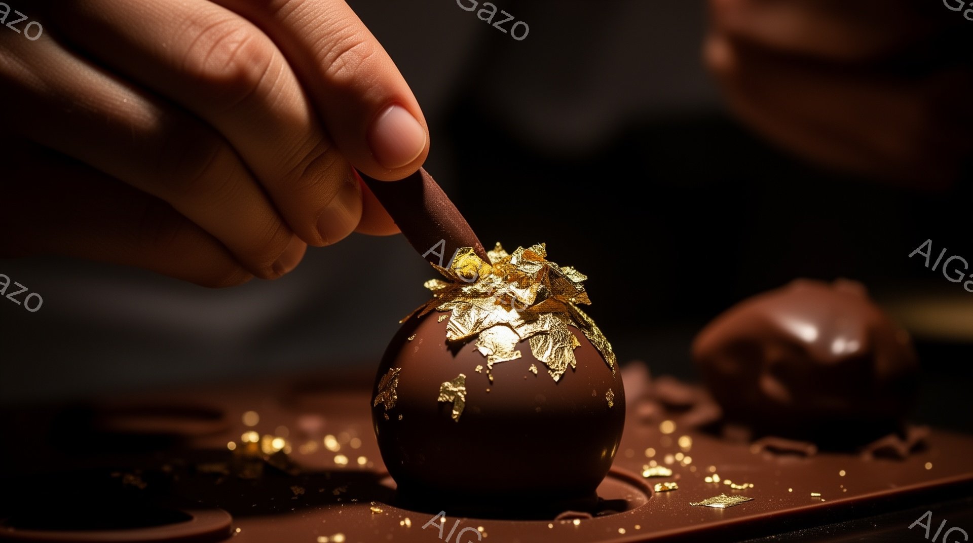チョコレートをデコレーションする手が写っています。深茶色の球状のチョコレートに金箔が丁寧に貼り付けられており、他のチョコレート製品がぼやけて背景にあります。全体的に、高級感があり、丁寧に作られたお菓子の雰囲気が漂っています。