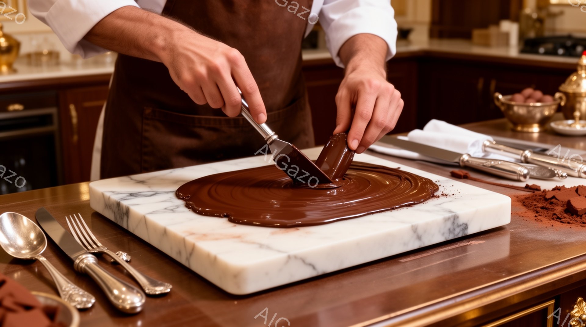 白い大理石の板の上に溶けたチョコレートを塗る男性の腕と手が写っている。男性は白いシャツと茶色のエプロンを身につけ、チョコレートを金属製のヘラで丁寧に広げている。背景には、銀食器、ココアパウダー、そしてチョコレートが盛り付けられた皿が見え、高級感と温かみのある雰囲気が漂っている。