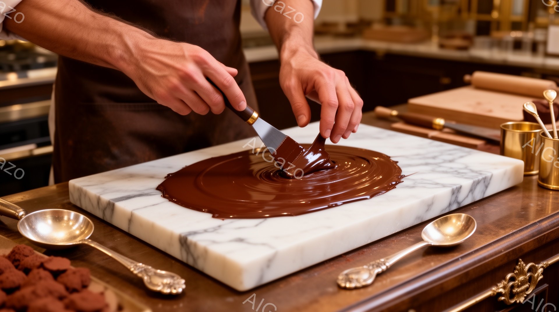 大理石の台の上に溶けたチョコレートを広げている男性の手が写っている。彼はエプロンを着ており、チョコレートを丁寧に平らに広げている様子から、熟練した職人の雰囲気が伝わる。背景には、銀色のスプーンやカカオ豆、調理器具などが配置され、高級感のあるチョコレート工房の光景が広がっている。