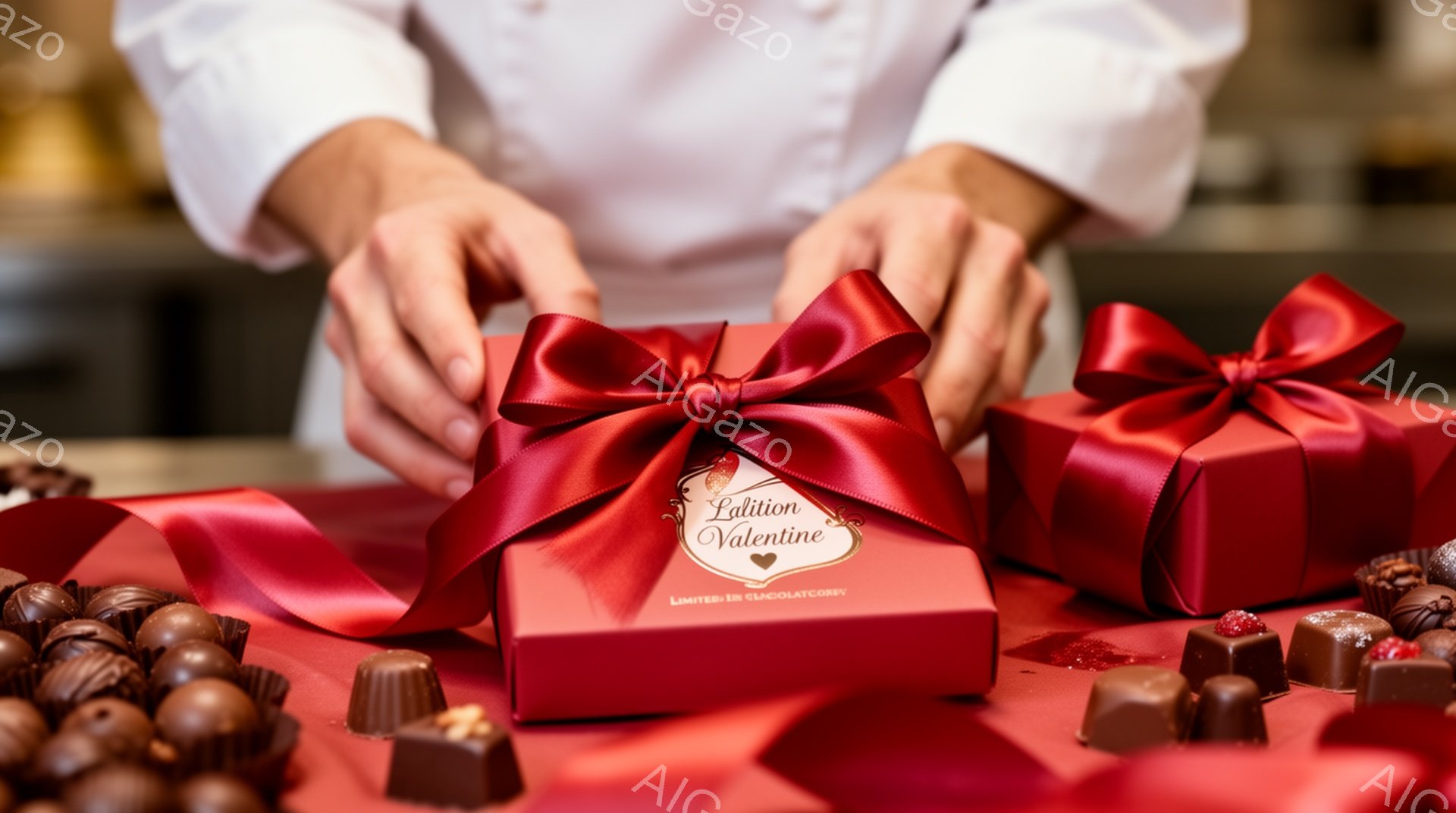 真っ赤な包装紙で包まれたチョコレートの箱が中央にあり、鮮やかな赤いリボンで飾られています。背景には様々な種類のチョコレートが並び、明るい光の中で高級感のある雰囲気を醸し出しています。白い制服を着た人物 - AI生成フリー素材