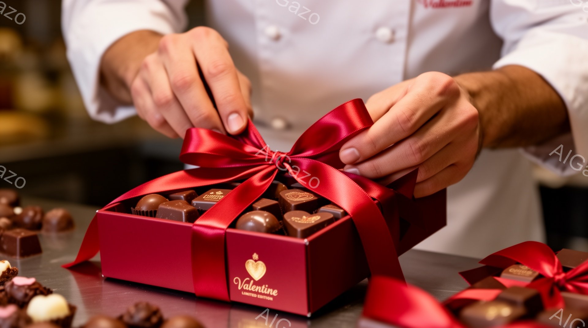 真っ赤な箱の中に様々なチョコレートが並べられ、赤いリボンで結ばれています。背景には他のチョコレートがぼやけて写っており、人物は白い制服を着ており、チョコレートの箱にリボンを結ぶ作業をしています。全体的に華やかで高級感のある雰囲気が漂っており、バレンタインデーのお祝いを連想させます。