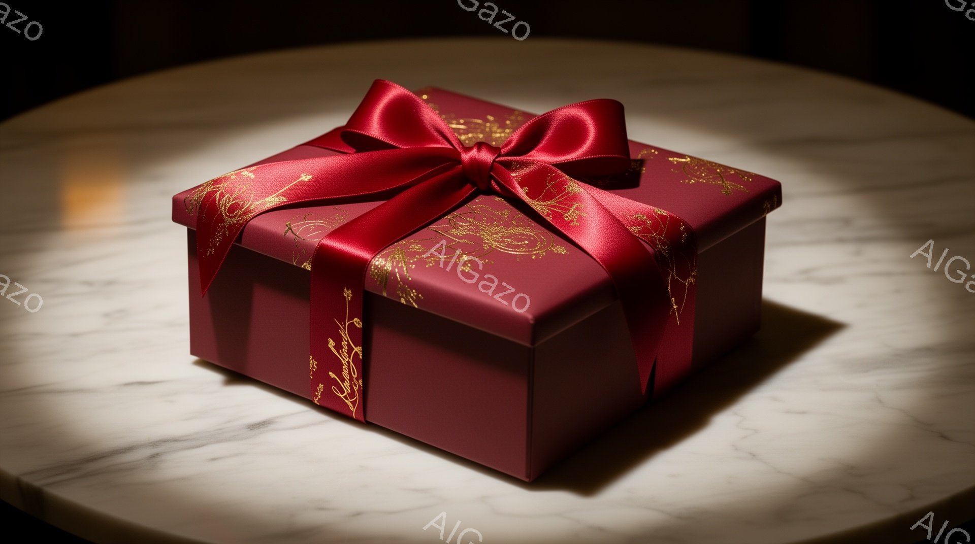 深紅色のギフトボックスが、大理石のような模様の台の上に置かれています。ボックスには金色の模様が描かれ、赤いリボンが上品に結ばれています。背景は暗く、ボックスが温かい光に照らされ、高級感と神秘的な雰囲気 - AI生成フリー素材