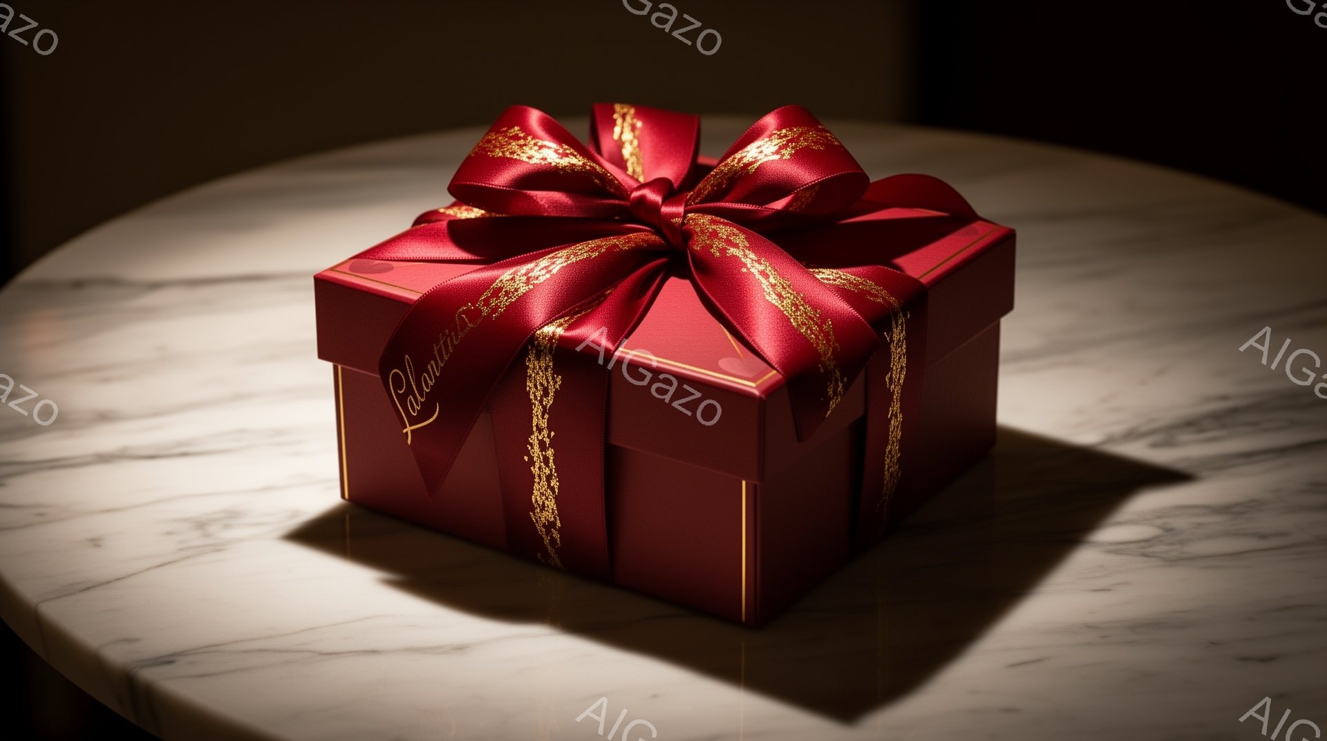 深紅色のギフトボックスが、白い大理石のようなテーブルの上に置かれている。ボックスは金色のリボンで飾られ、リボンには「Valentino」という文字が書かれている。背景は暗く、ボックスにスポットライトが当たっているように見える、高級感と洗練された雰囲気が漂う。