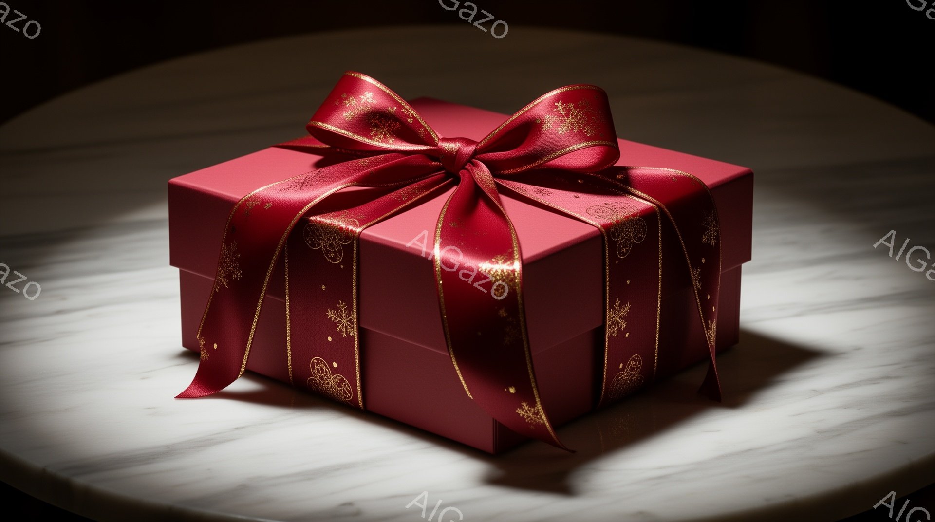 深紅色のギフトボックスが、白い木目調の台の上に置かれています。ボックスは金色の装飾が施されたリボンで美しくラッピングされており、光が当たって上品な光沢を放っています。全体的に落ち着いた雰囲気で、特別な贈り物やイベントを予感させるイメージです。